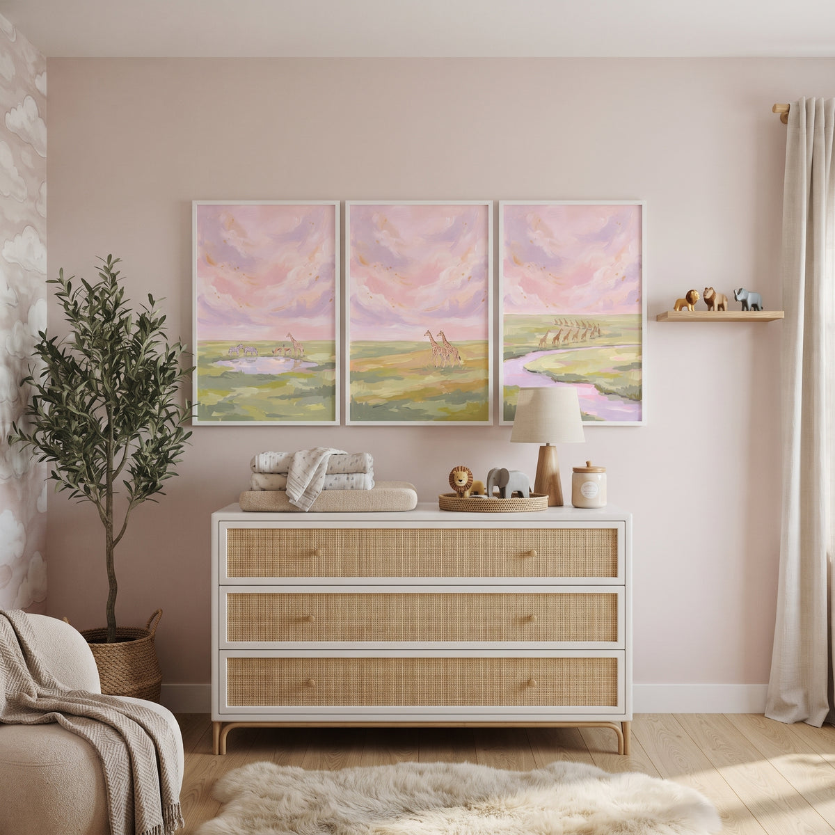 Blush Pink Savanna Giraffe Wall Art Set of 3 - Gentle Giraffe Trail