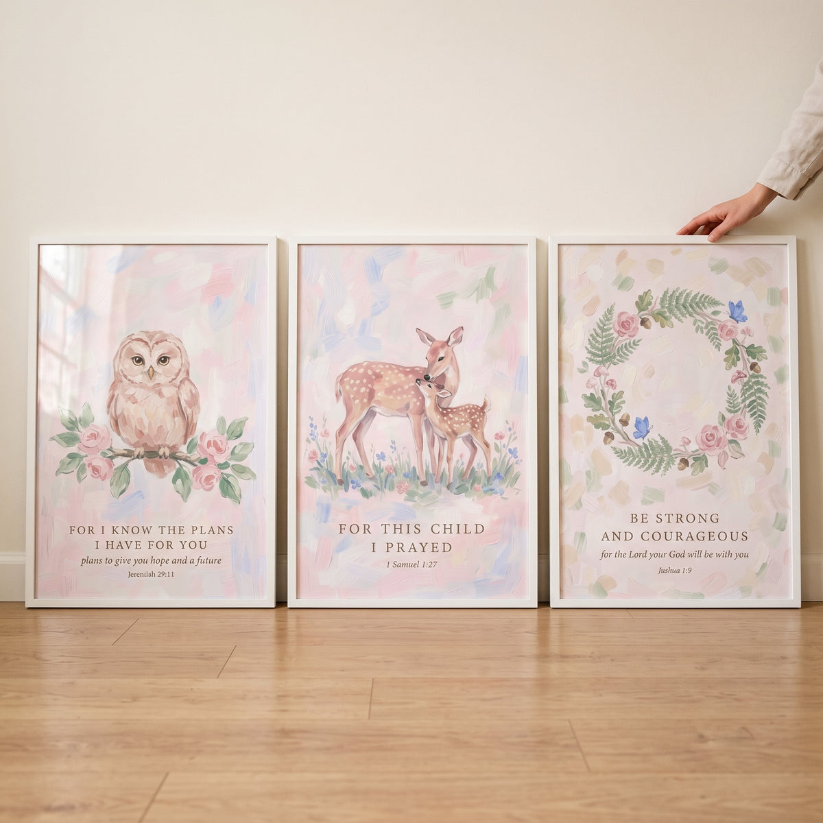 Blush pink scripture bible wall art set of 3 with nursery owl, deer, and floral wreath illustrations.