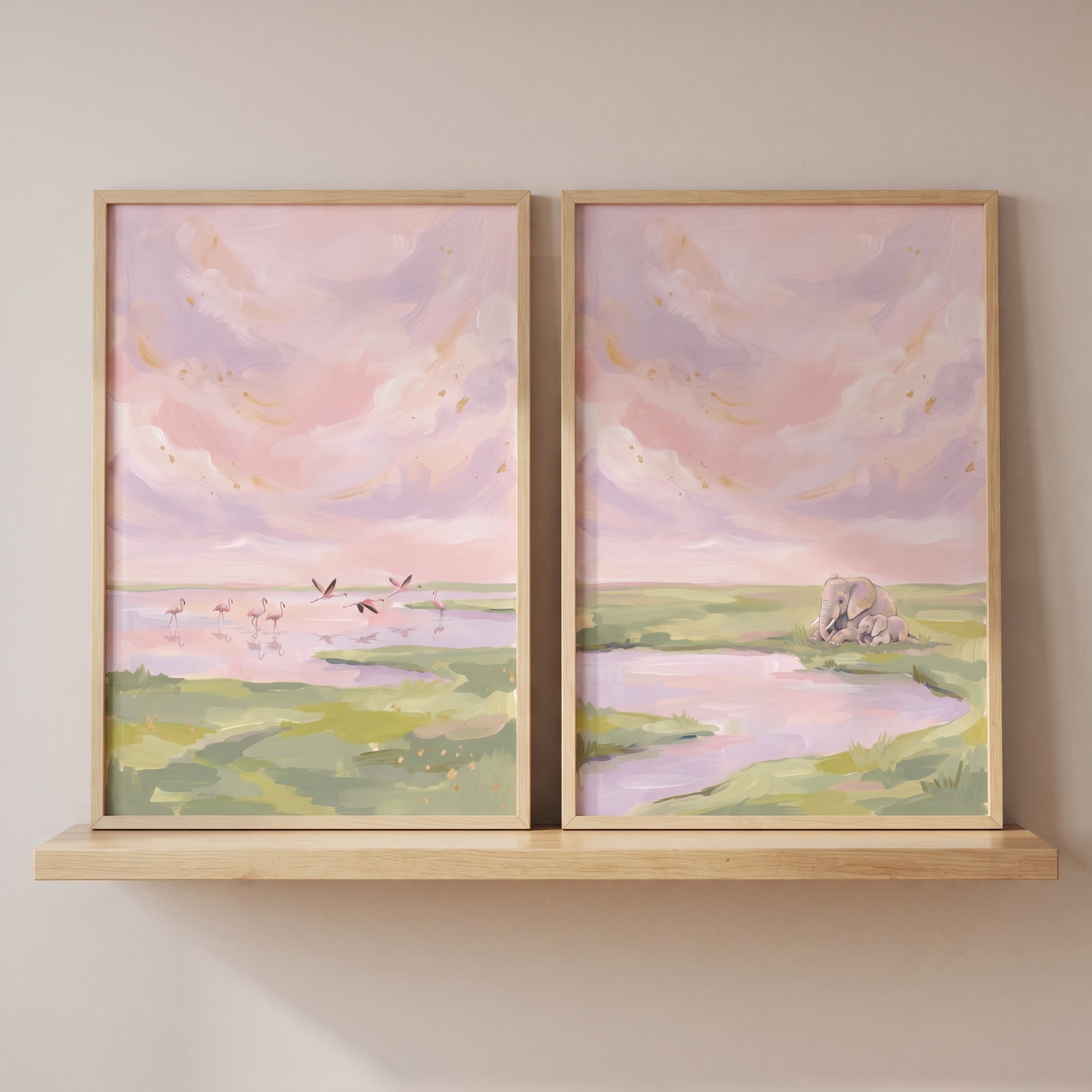 Blush Pink Sky Safari Animals Artwork Set of 2 - Pink Sky Safari