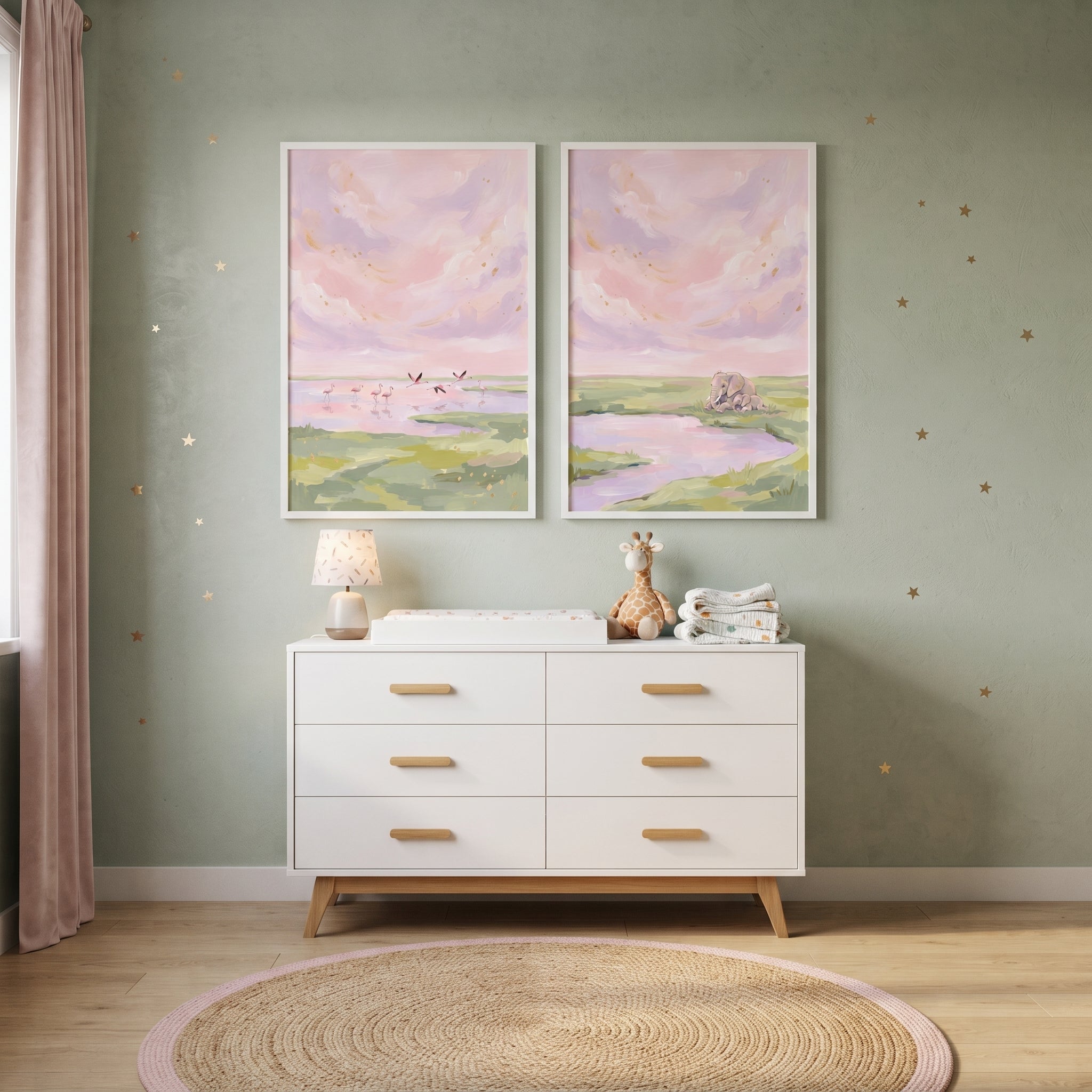 Blush Pink Sky Safari Animals Artwork Set of 2 - Pink Sky Safari