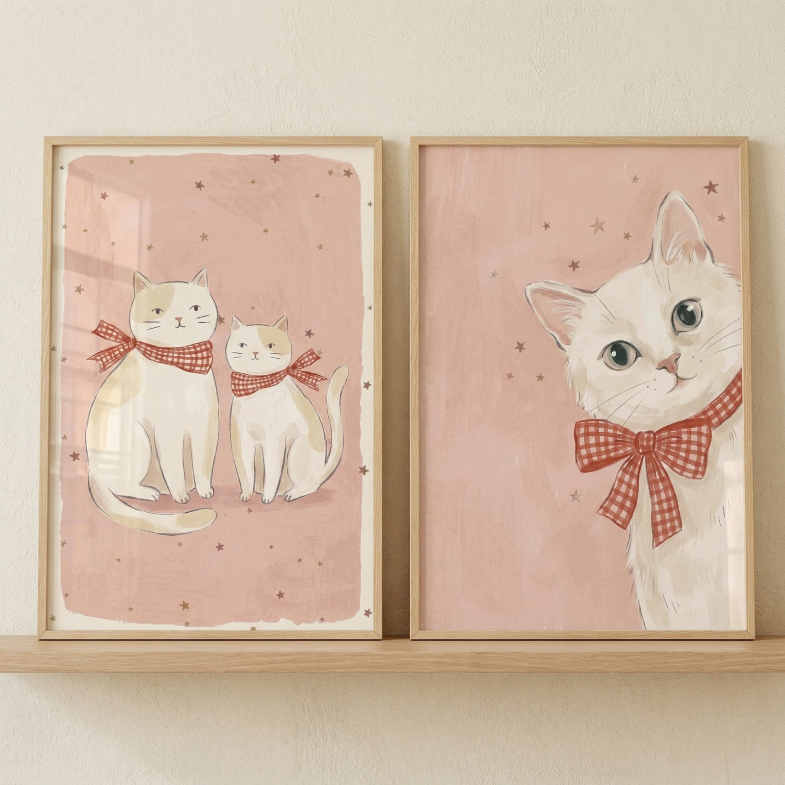 Two light wood-framed illustrations rest on a thin wooden shelf against a neutral wall. On the left, two cream-colored cats with light brown patches wear red and white checkered bows, sitting on a dusty pink background speckled with tiny dark stars. 