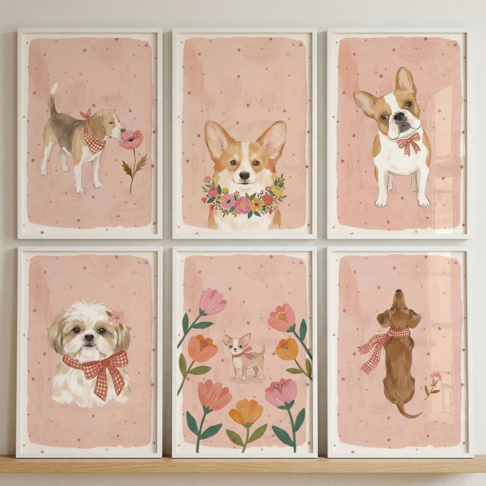A vertical shot of a gallery wall displays six white-framed illustrations of various dogs arranged in a two-by-three grid. Each piece features a soft pink background with subtle speckles. The top row includes a beagle sniffing a flower, a corgi with a floral wreath, and a French bulldog with a bow tie. 