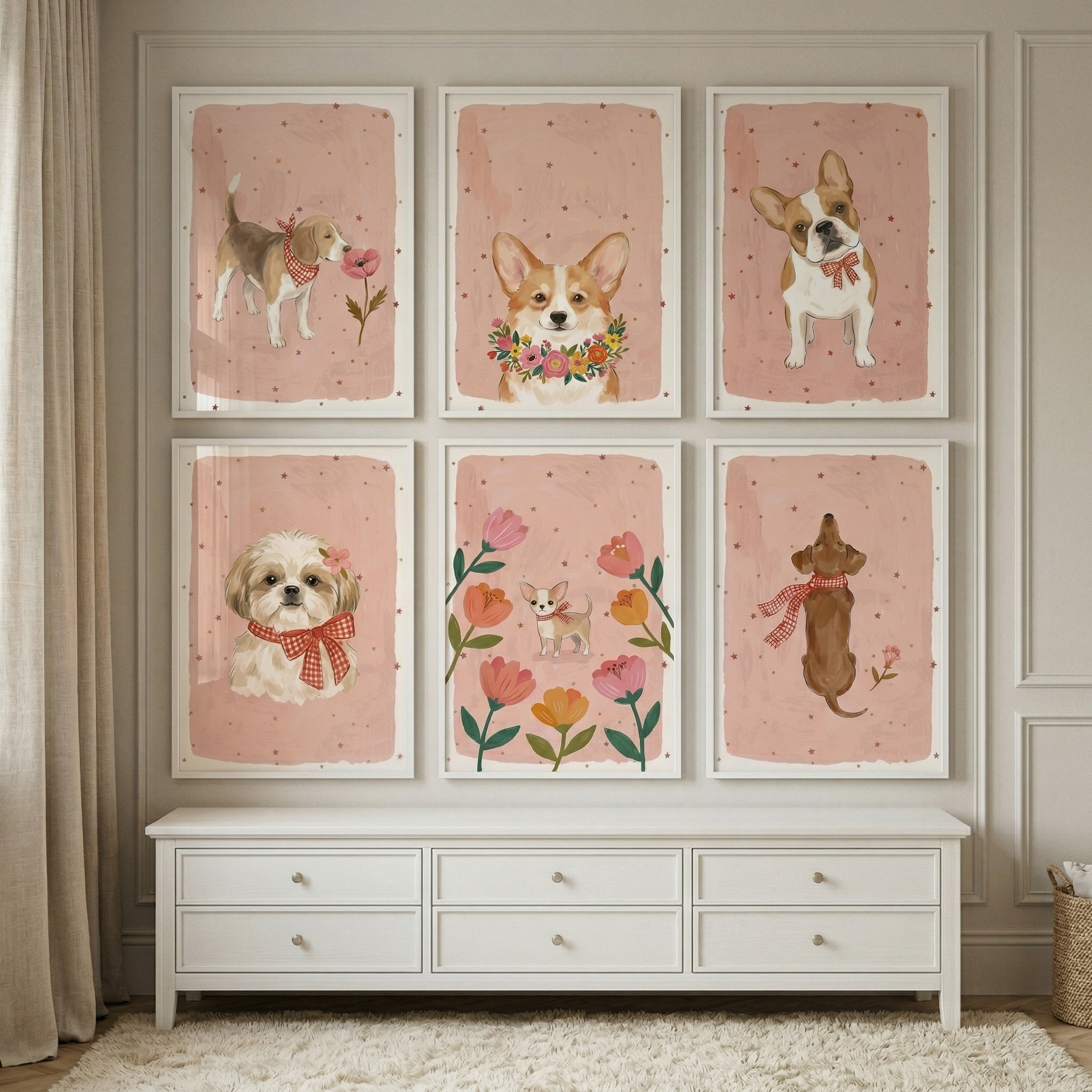 Blush Pink Starry Dog Wall Art Set of 6 - Sweet Puppy Portraits