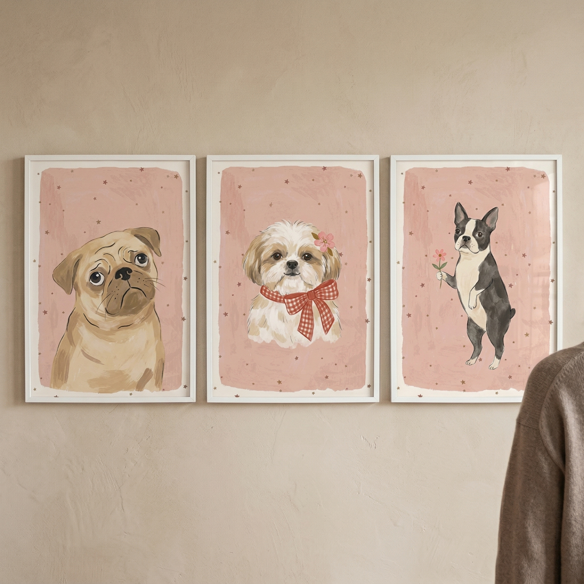 Blush Pink Starry Puppy Wall Art Set of 3 - Adorable Puppy Trio