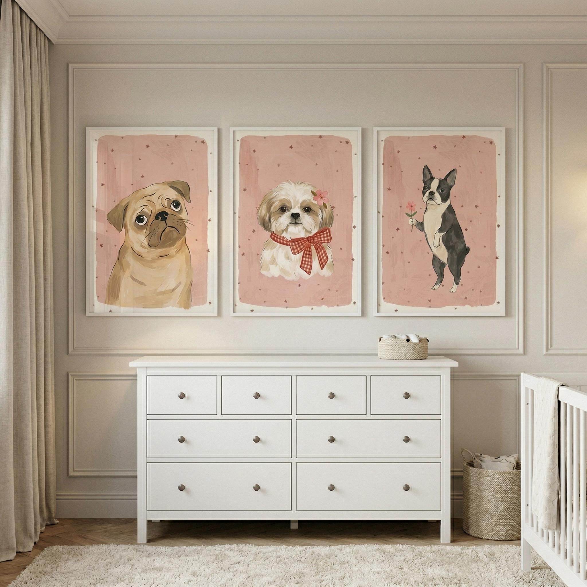 Blush Pink Starry Puppy Wall Art Set of 3 - Adorable Puppy Trio