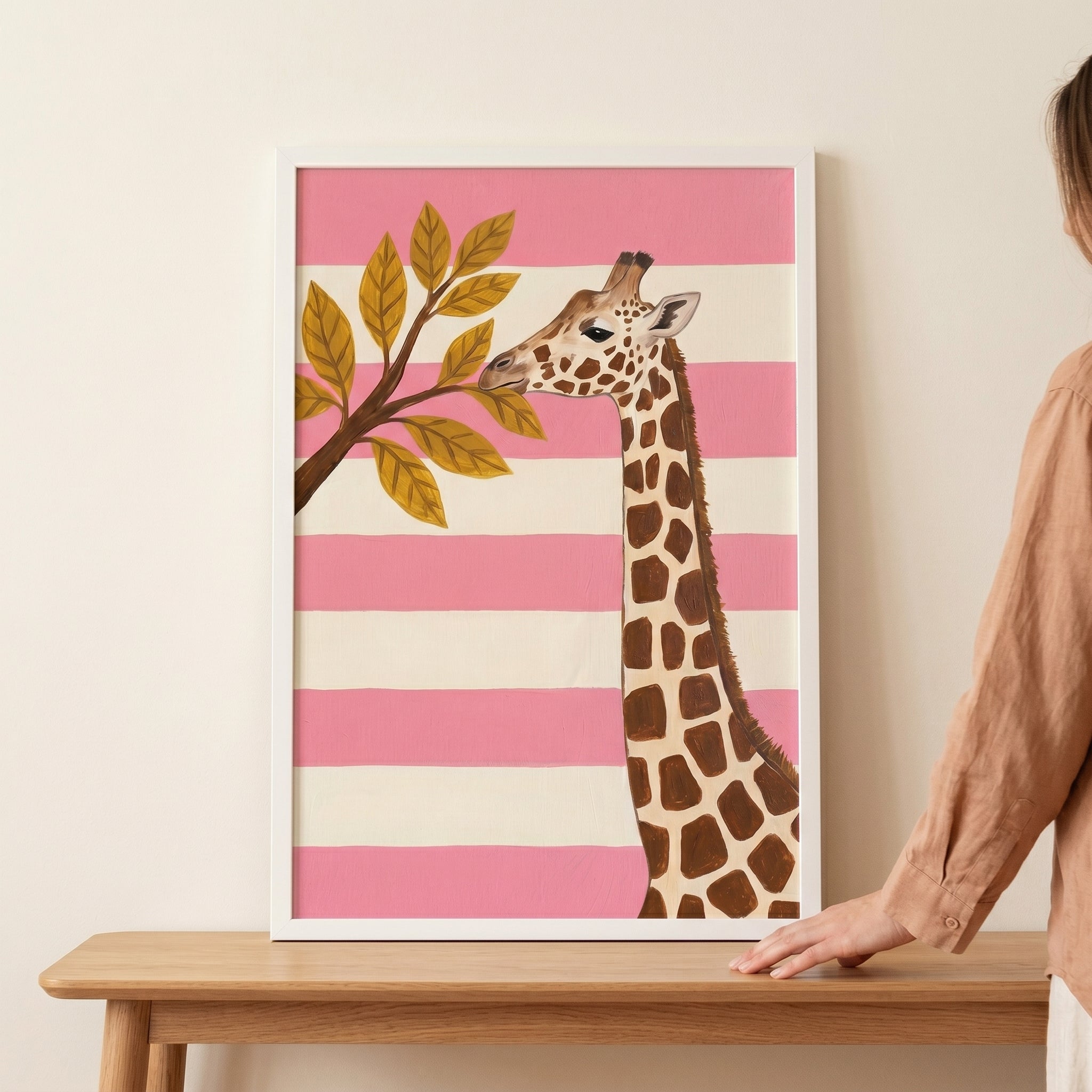 Blush Pink Striped Giraffe Wall Art - Pink Safari Snack