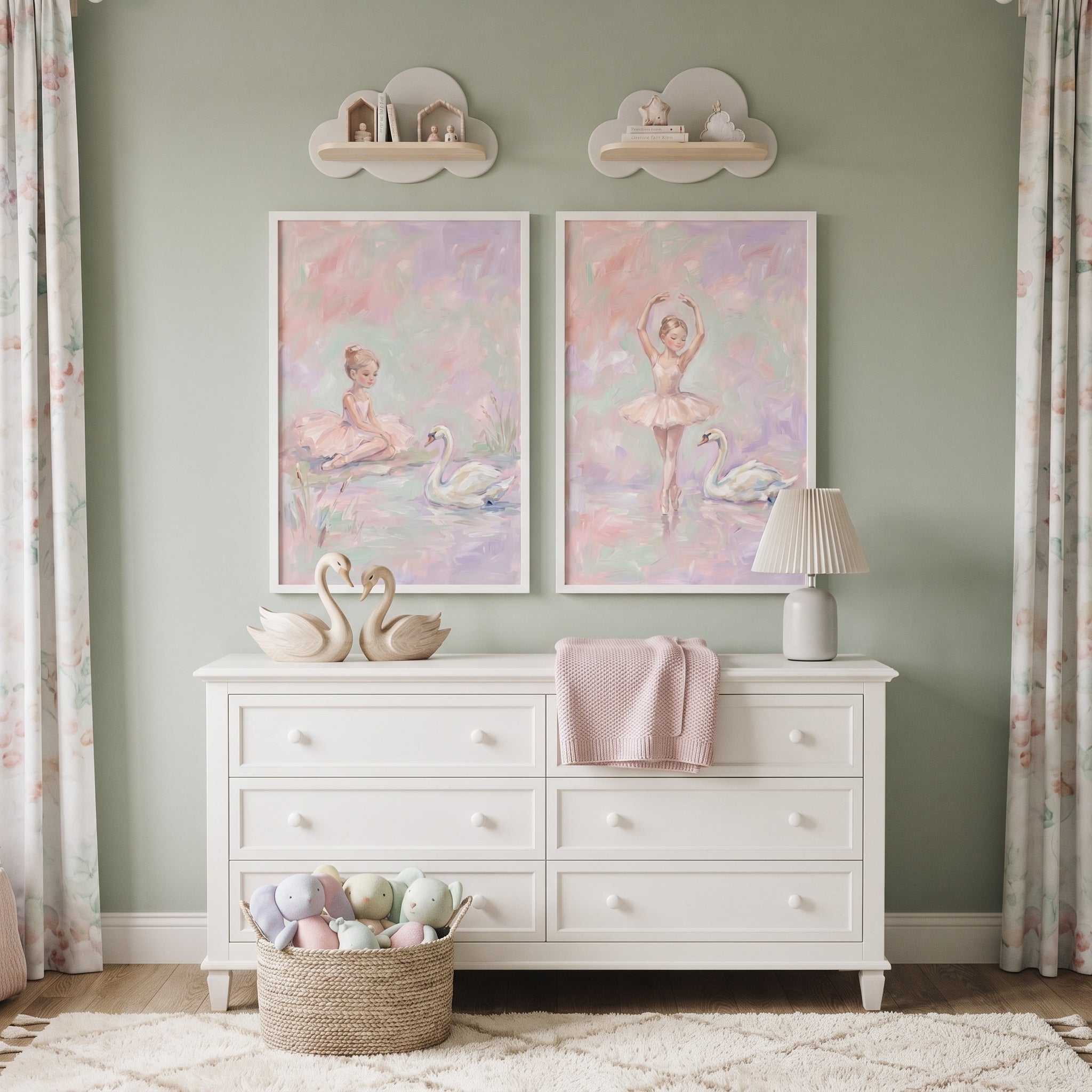 Blush Pink Swan Ballet Wall Art Set of 2 - Graceful Lake Dancers