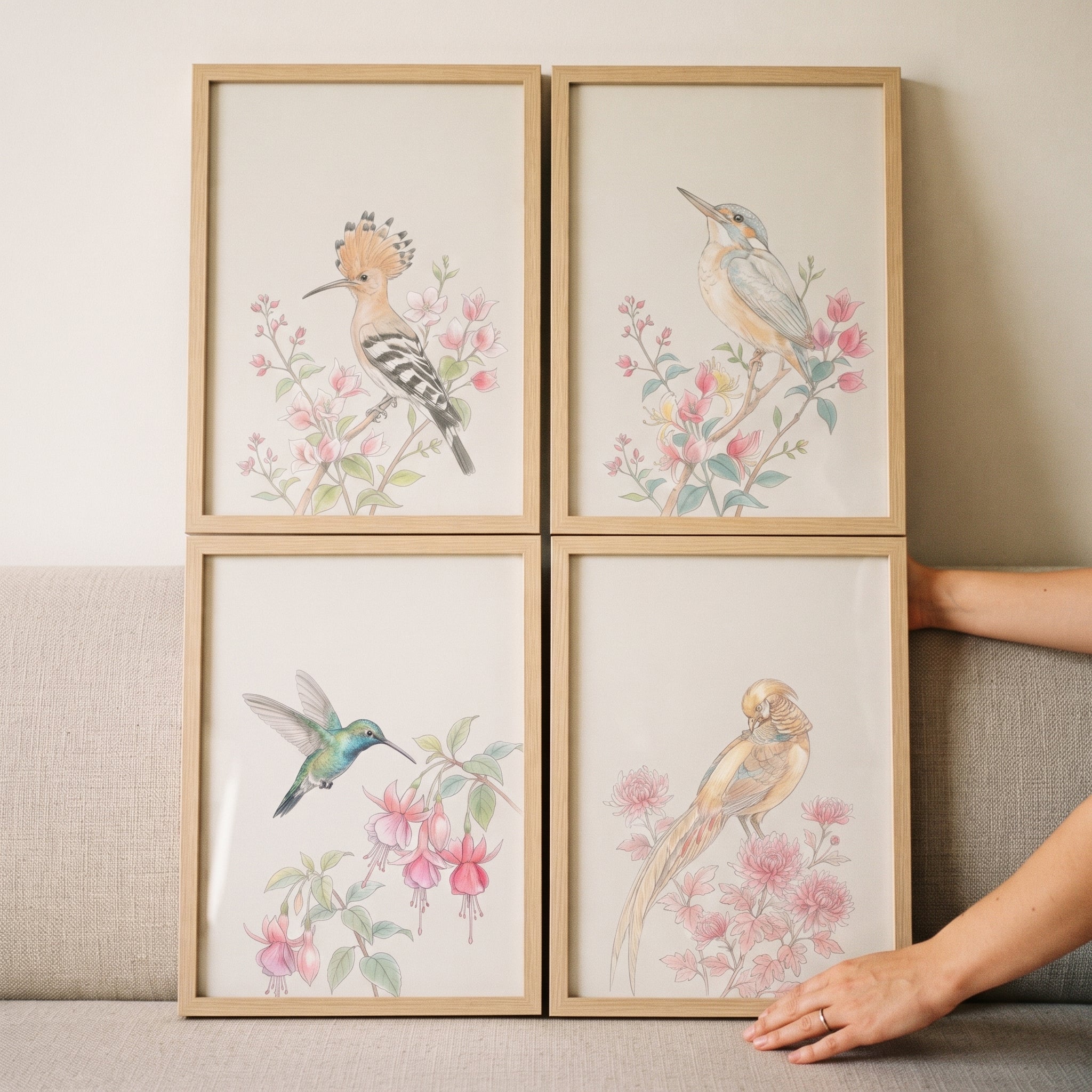 Blush Pink Watercolor Birds Wall Art Set of 4 - Pastel Avian Collection