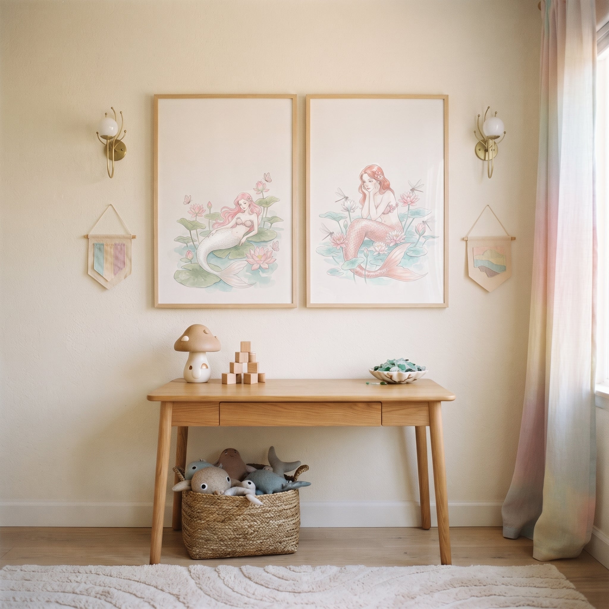 Blush Pink Watercolor Mermaid Wall Art Set of 2 - Pink Lily Wonders