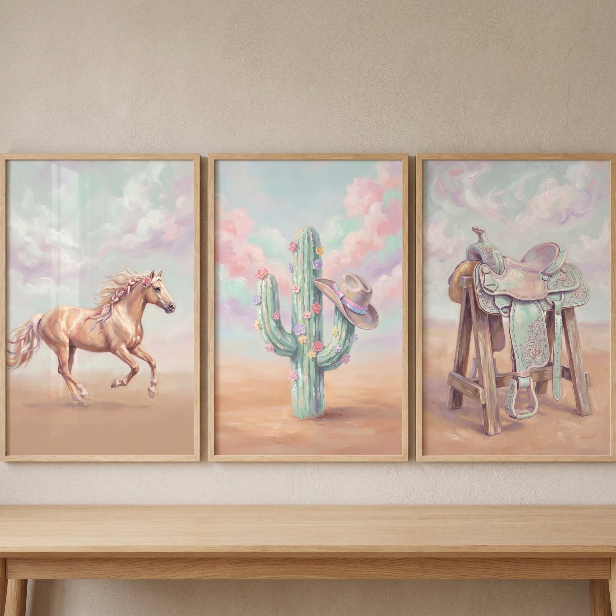 Blush Pink Western Cowgirl Wall Art Set of 3 - Whimsical Western Skies
