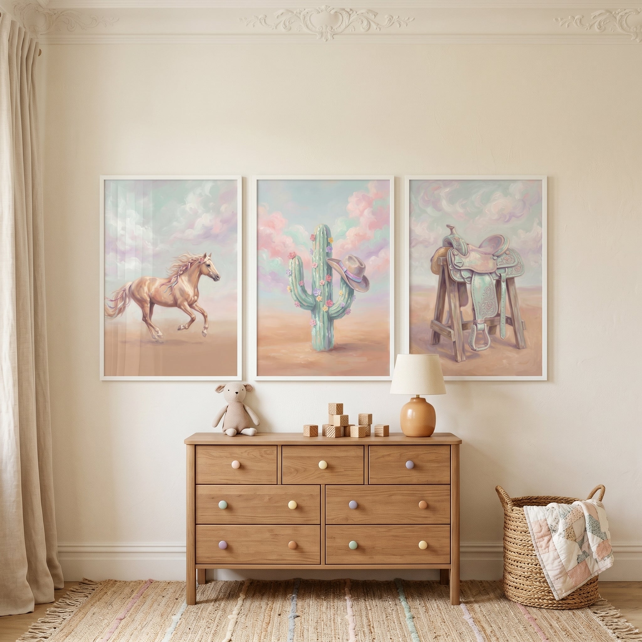 Blush Pink Western Cowgirl Wall Art Set of 3 - Whimsical Western Skies