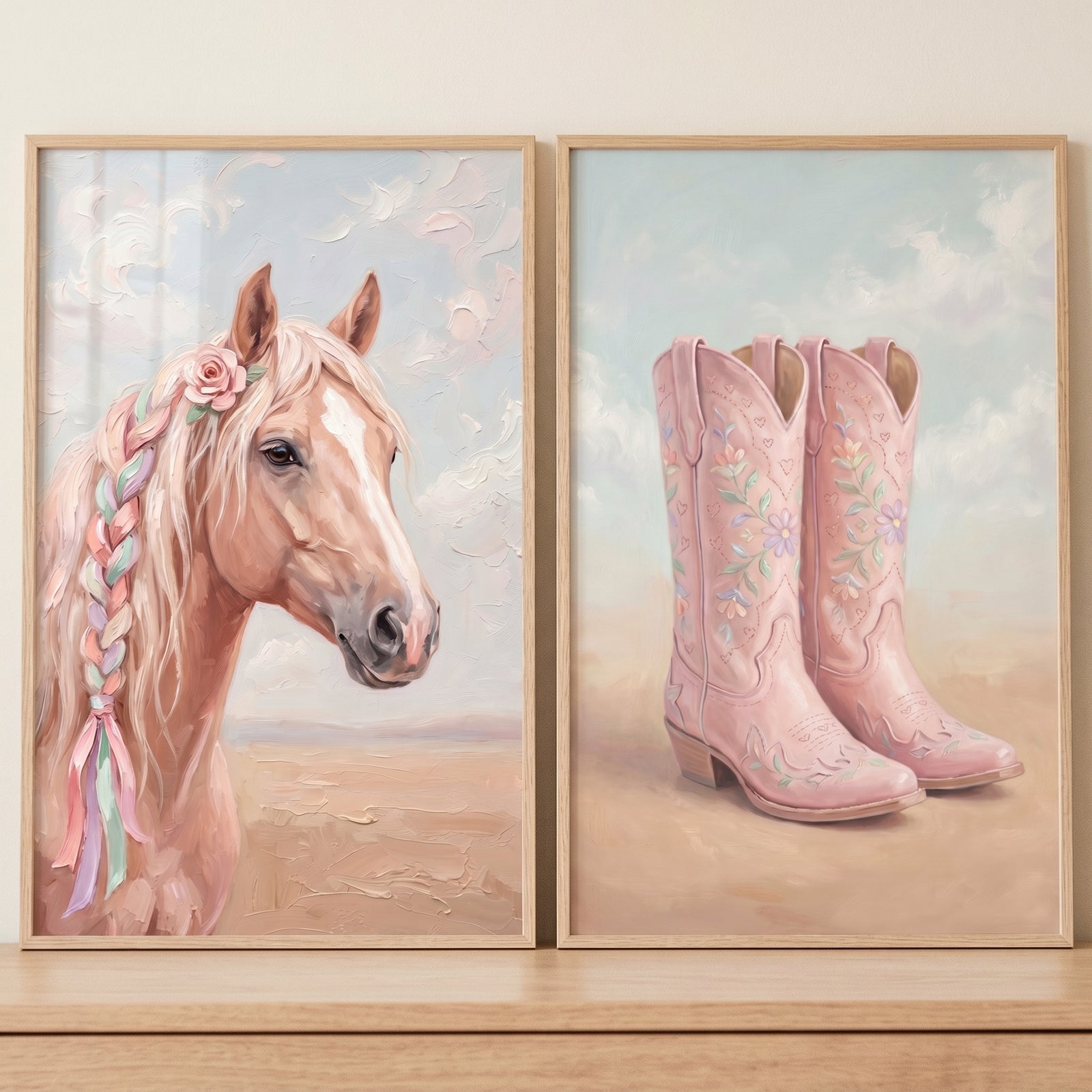 Horse with a floral braided mane and a pair of embroidered cowboy boots. Blush pink western wall art set of 2.