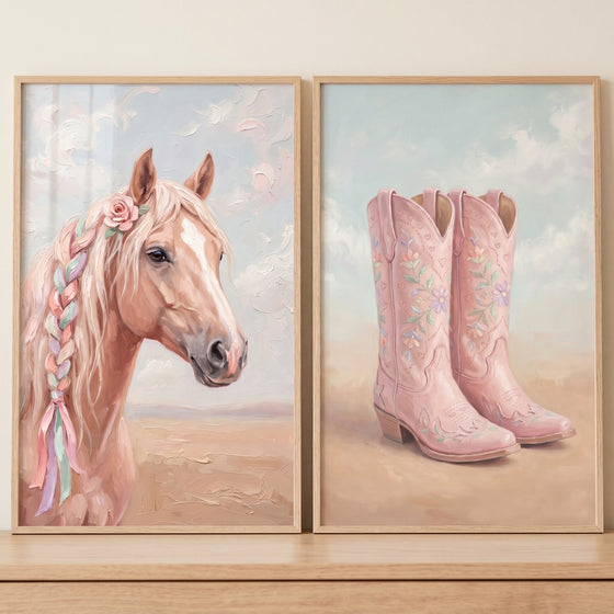 Horse with a floral braided mane and a pair of embroidered cowboy boots. Blush pink western wall art set of 2.