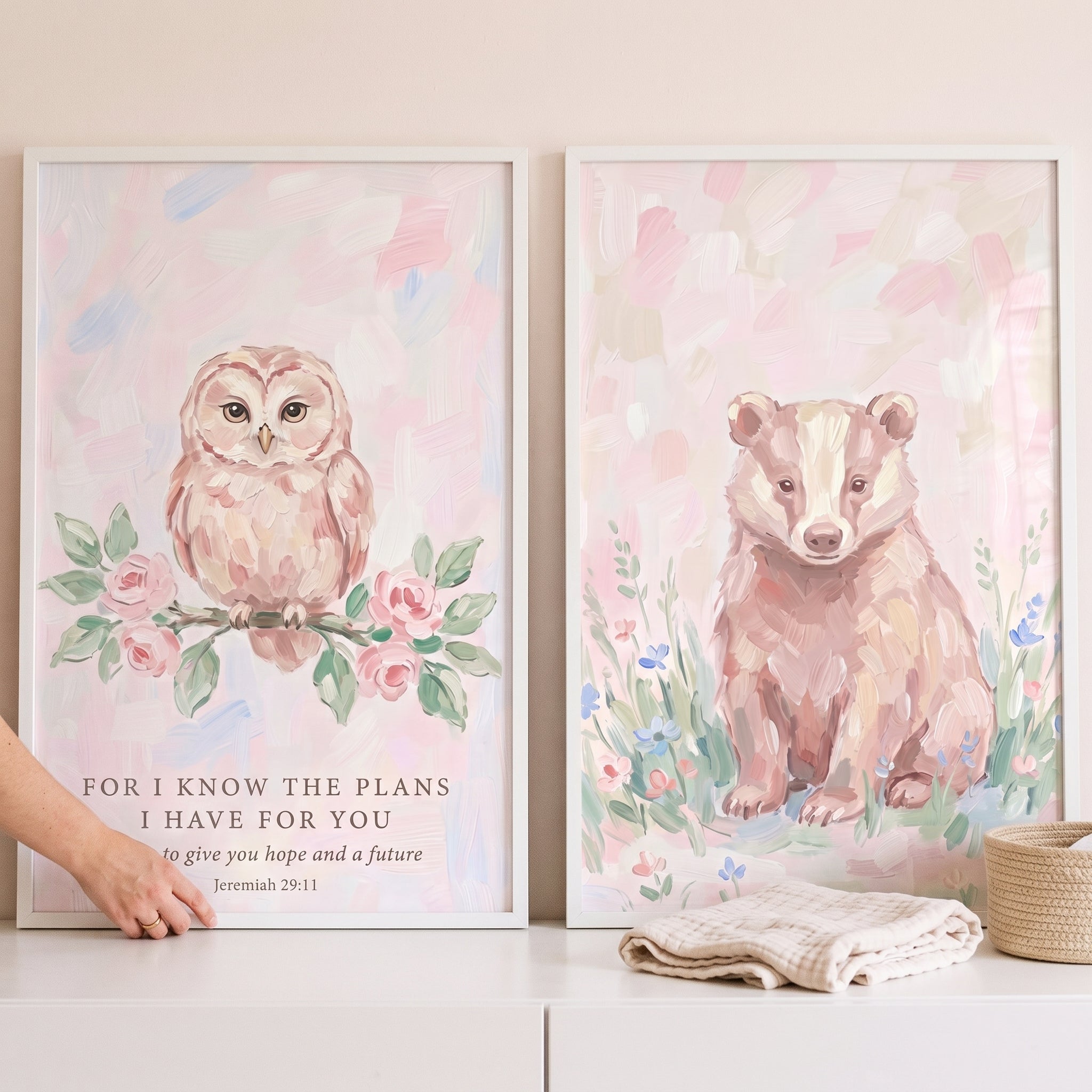 Blush Pink Woodland Animals Wall Art Set of 2 - Faithful Forest Friends