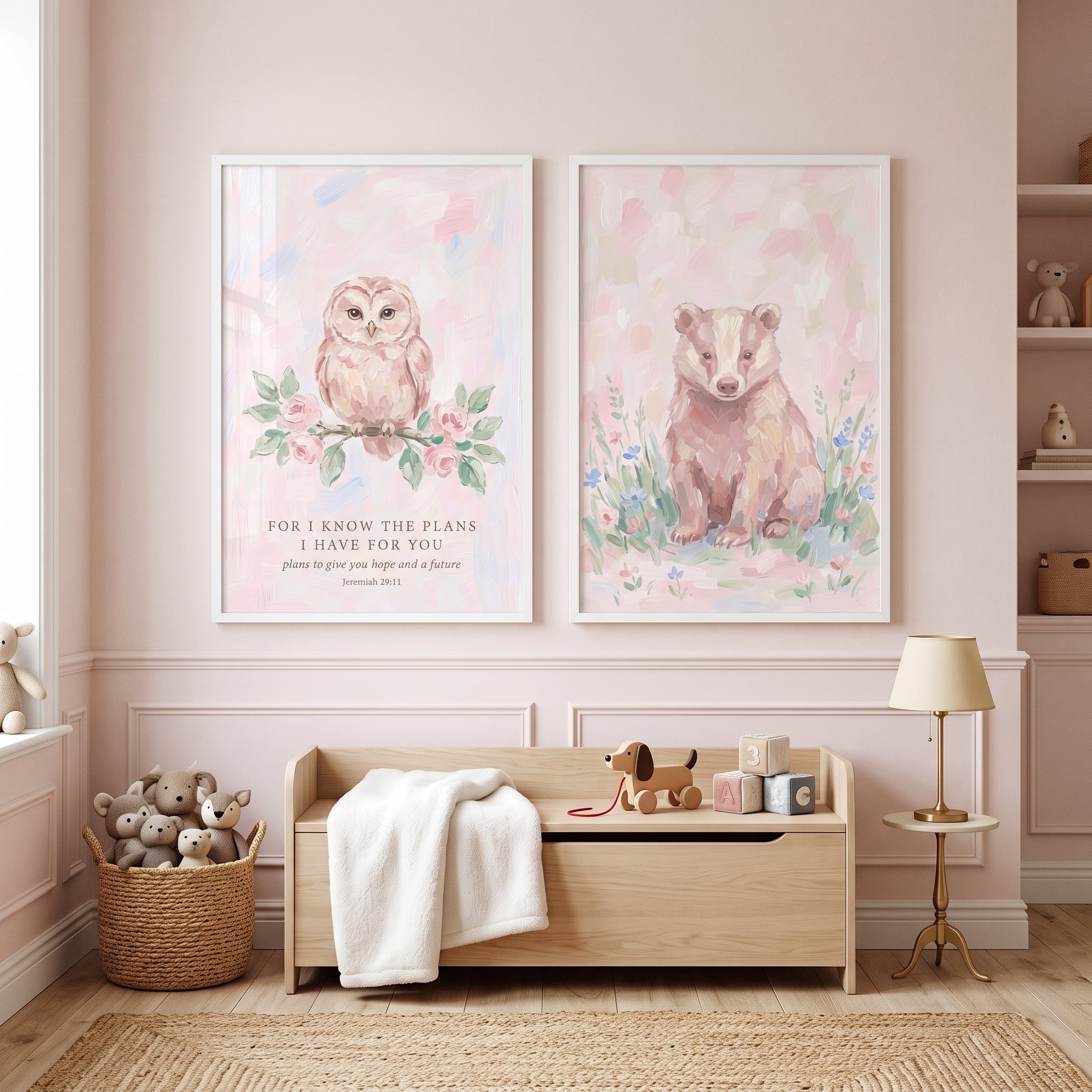 Blush Pink Woodland Animals Wall Art Set of 2 - Faithful Forest Friends
