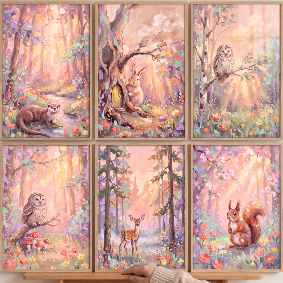 Blush pink woodland animals wall art set of 6 features a deer, owl, squirrel, rabbit, and otter in a sunlit forest.