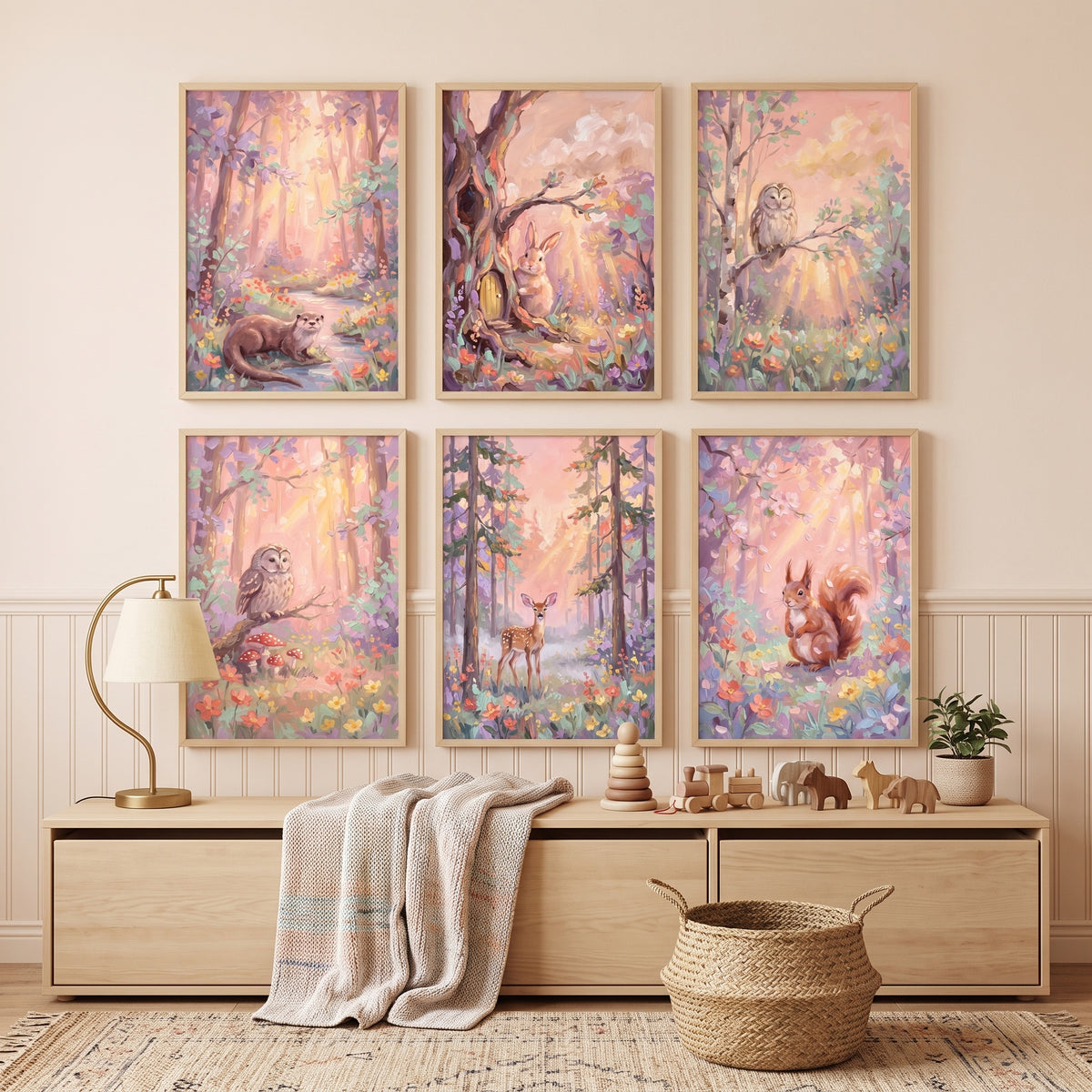 Blush Pink Woodland Animals Wall Art Set of 6 - Sunlit Woodland Glow