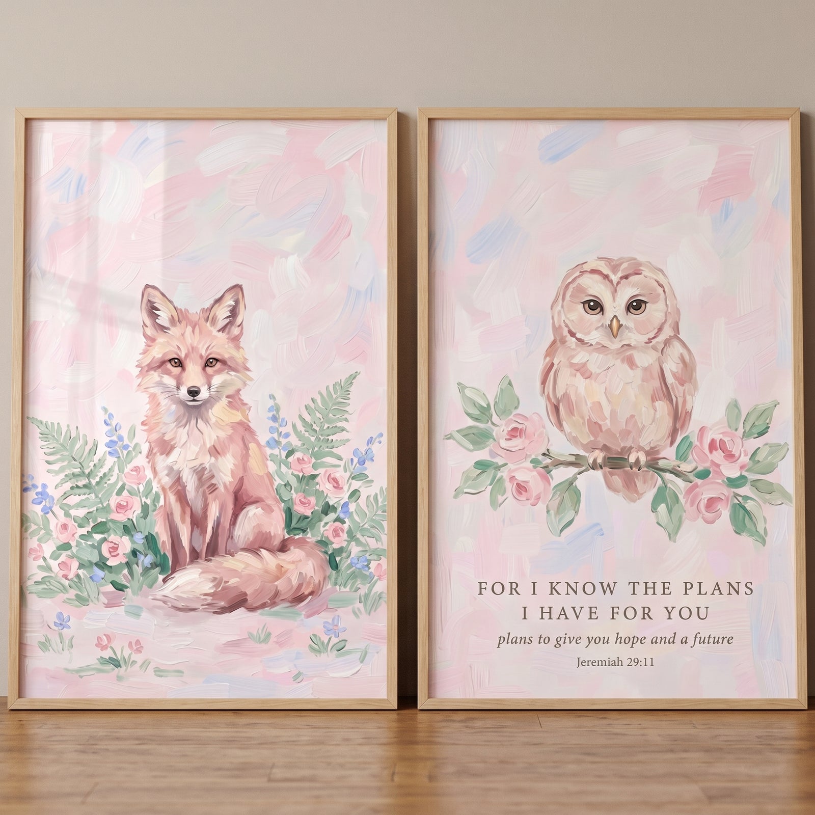 Blush rose forest animals wall art set of 2 featuring a fox and owl with scripture in wooden frames.