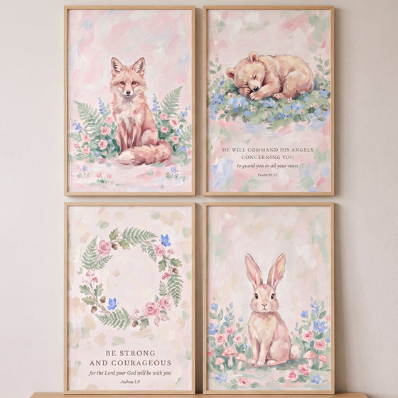 Blush rose forest floral artwork set of 4 with a fox, rabbit, sleeping bear cub, and a wreath with scripture verses.