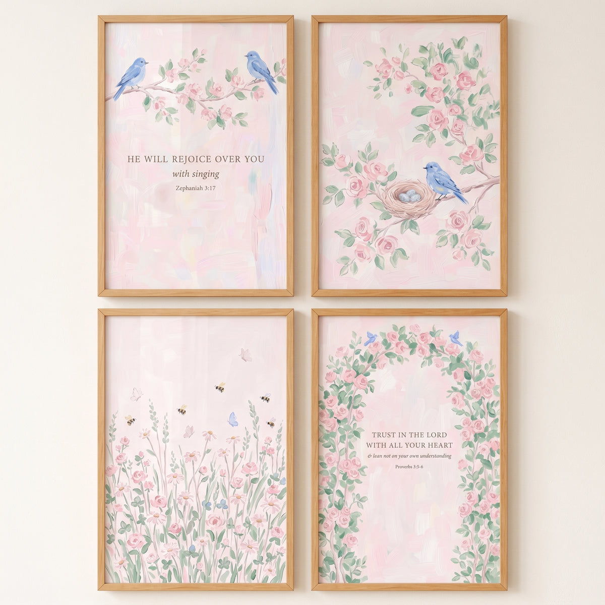 Blush Rose Watercolor Garden Wall Art Set of 4 - Faithful Garden Scenes