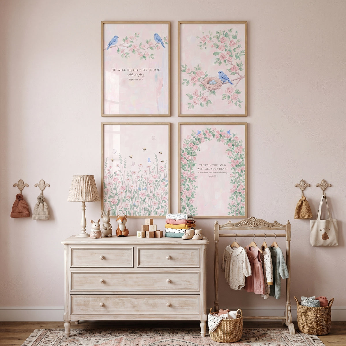 Blush Rose Watercolor Garden Wall Art Set of 4 - Faithful Garden Scenes