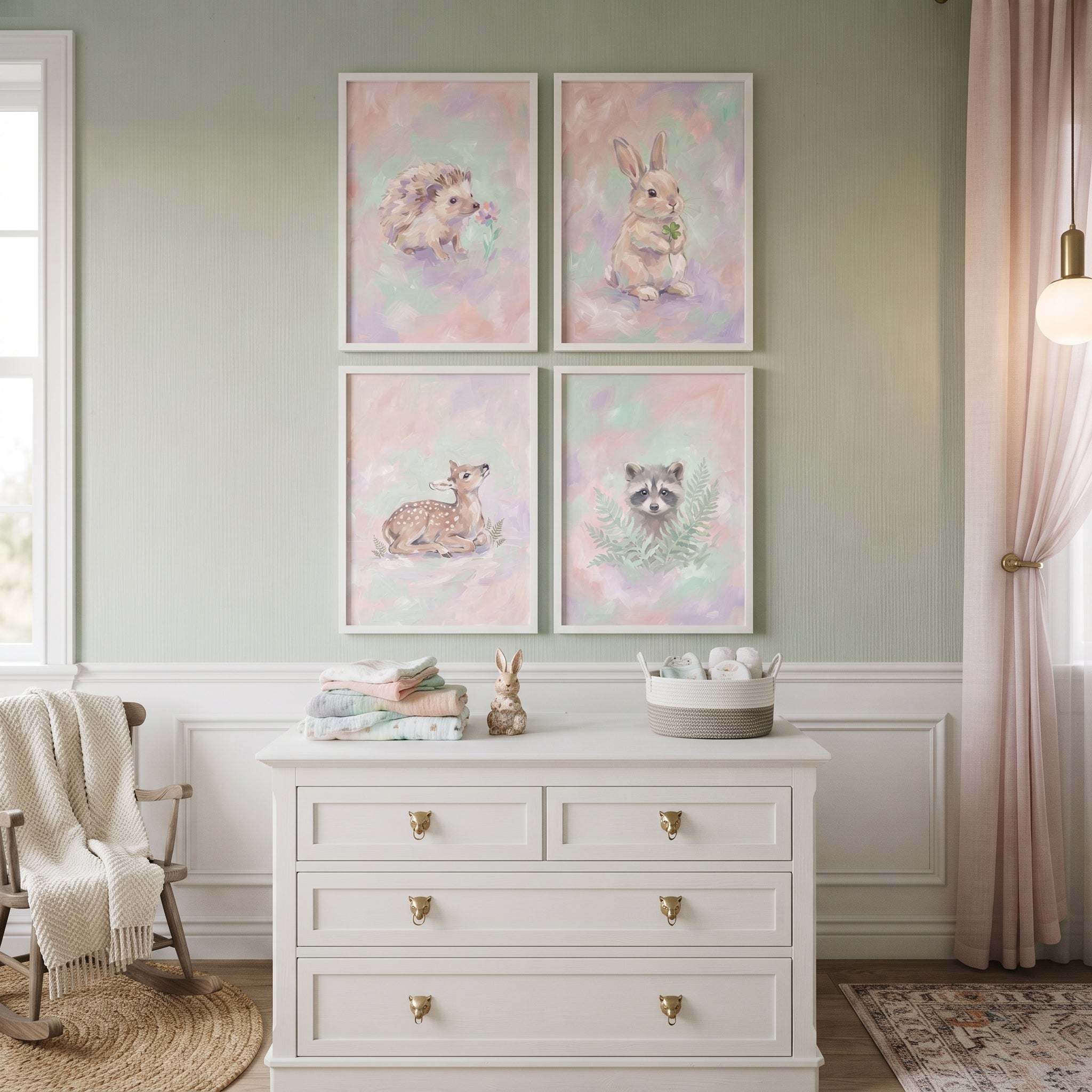 Blush Rose Woodland Animal Wall Art Set of 4 - Whimsical Woodland Art