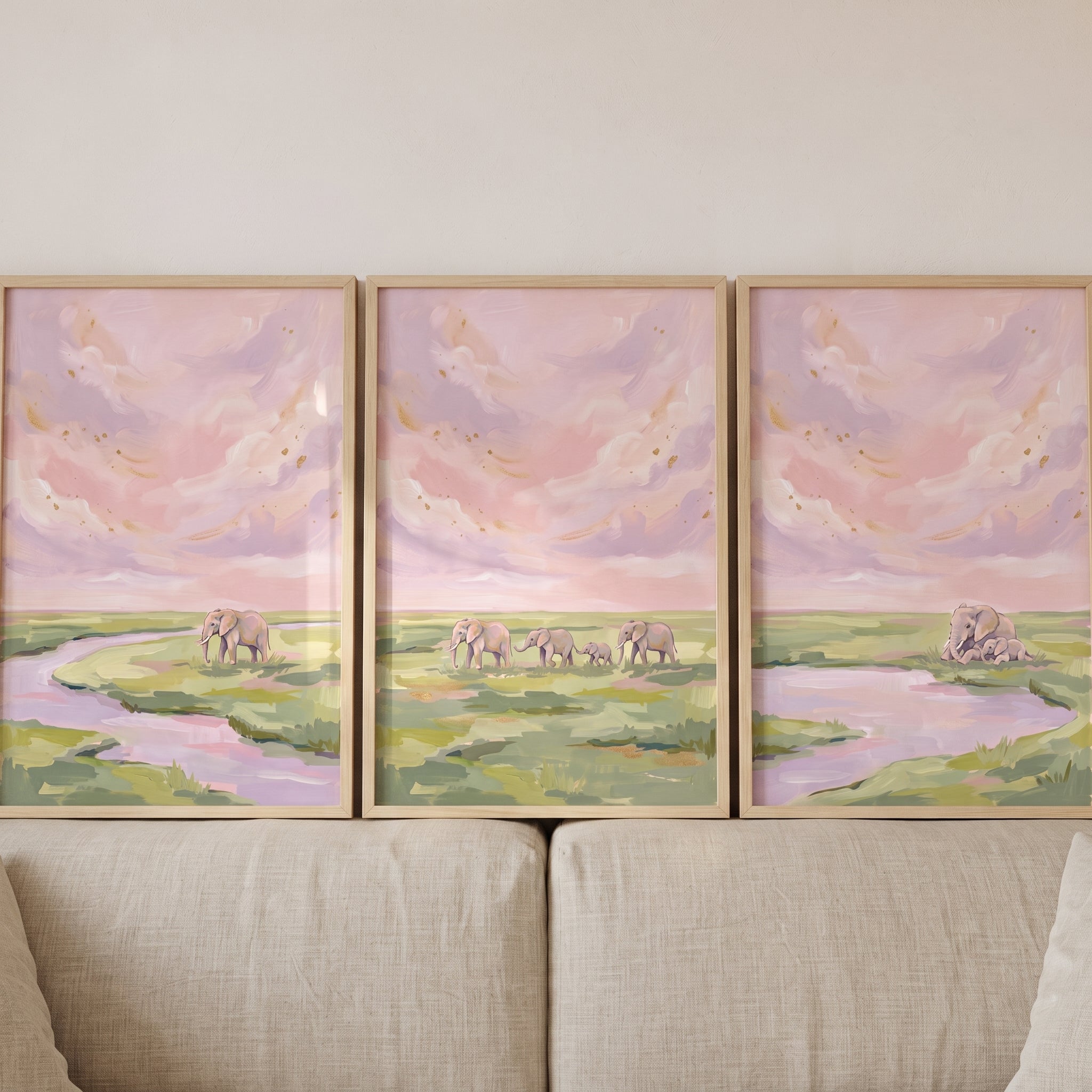 Blush Savanna Landscape Elephant Wall Art Set of 3 - Gentle Savanna Giants