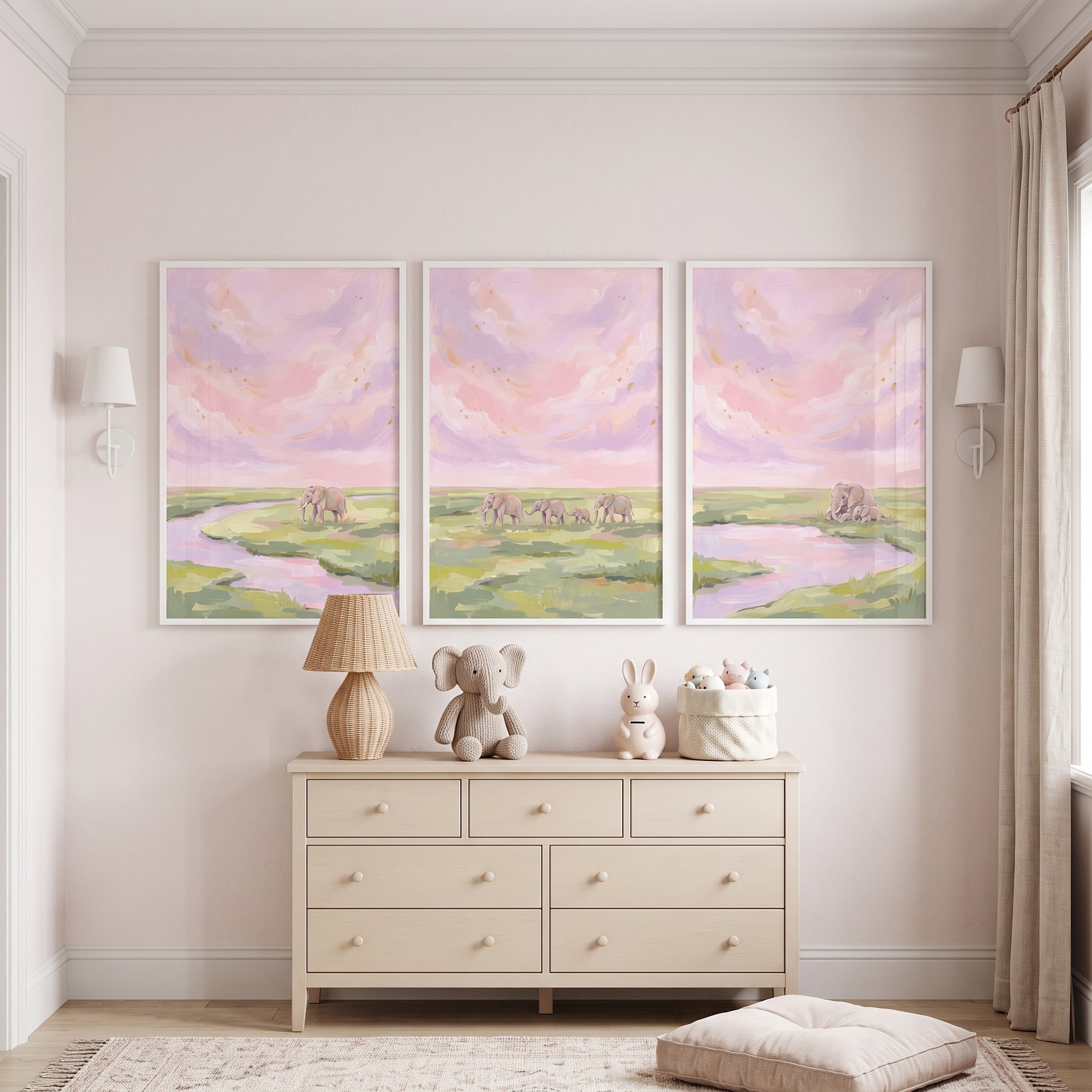 Blush Savanna Landscape Elephant Wall Art Set of 3 - Gentle Savanna Giants
