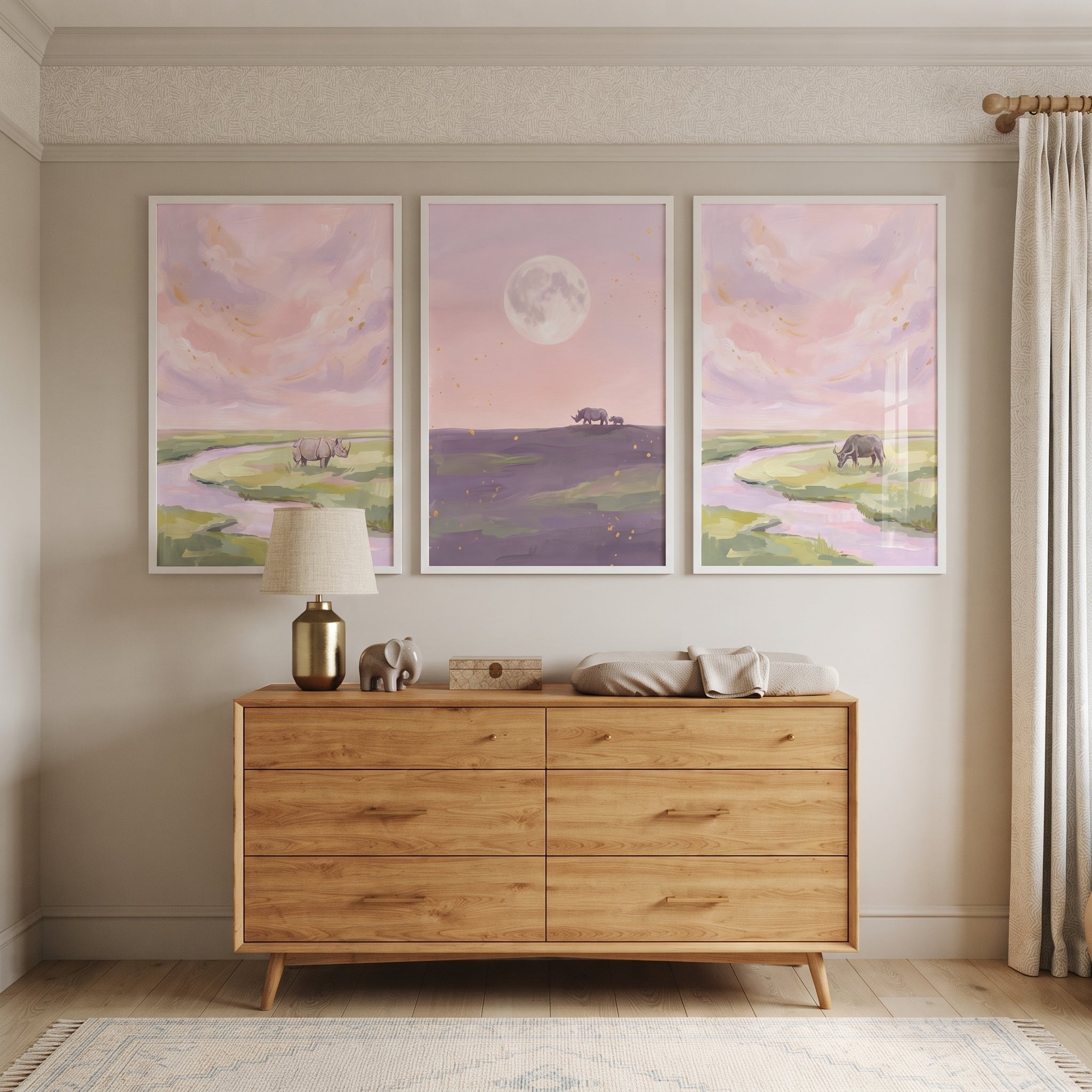 Blush Sky Savanna Animals Wall Art Set of 3 - Moonlit Savanna Dreams