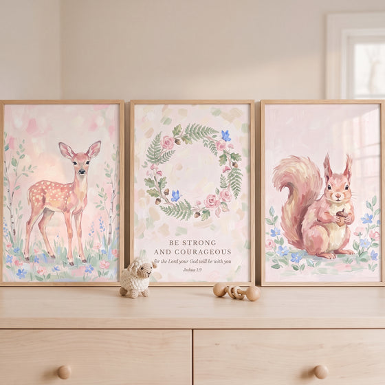 Blush spring forest nature wall art set of 3 with a fawn, floral wreath with scripture, and squirrel on a dresser.