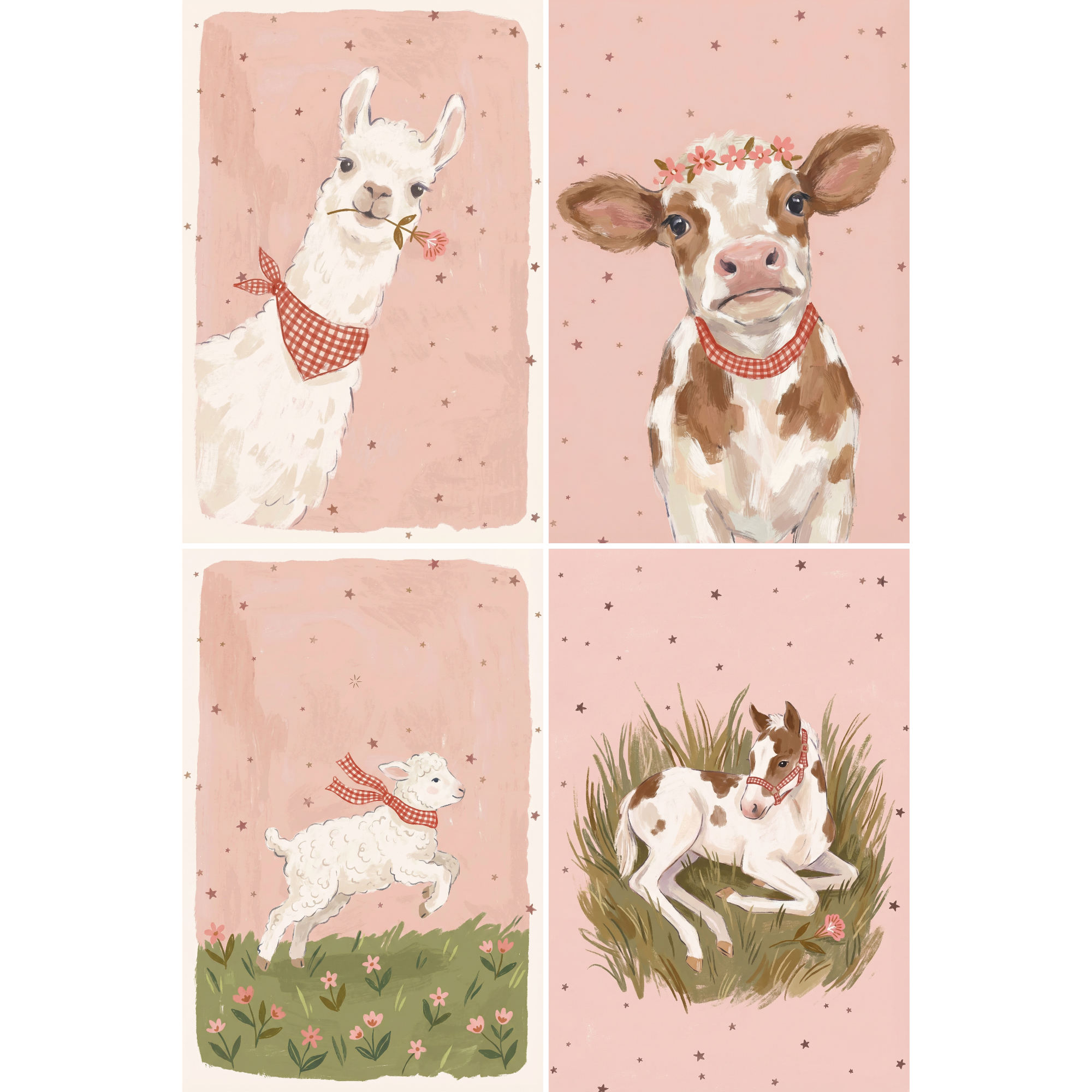 Blush Starry Farm Animals Wall Art Set of 4 - Starry Barnyard Pals