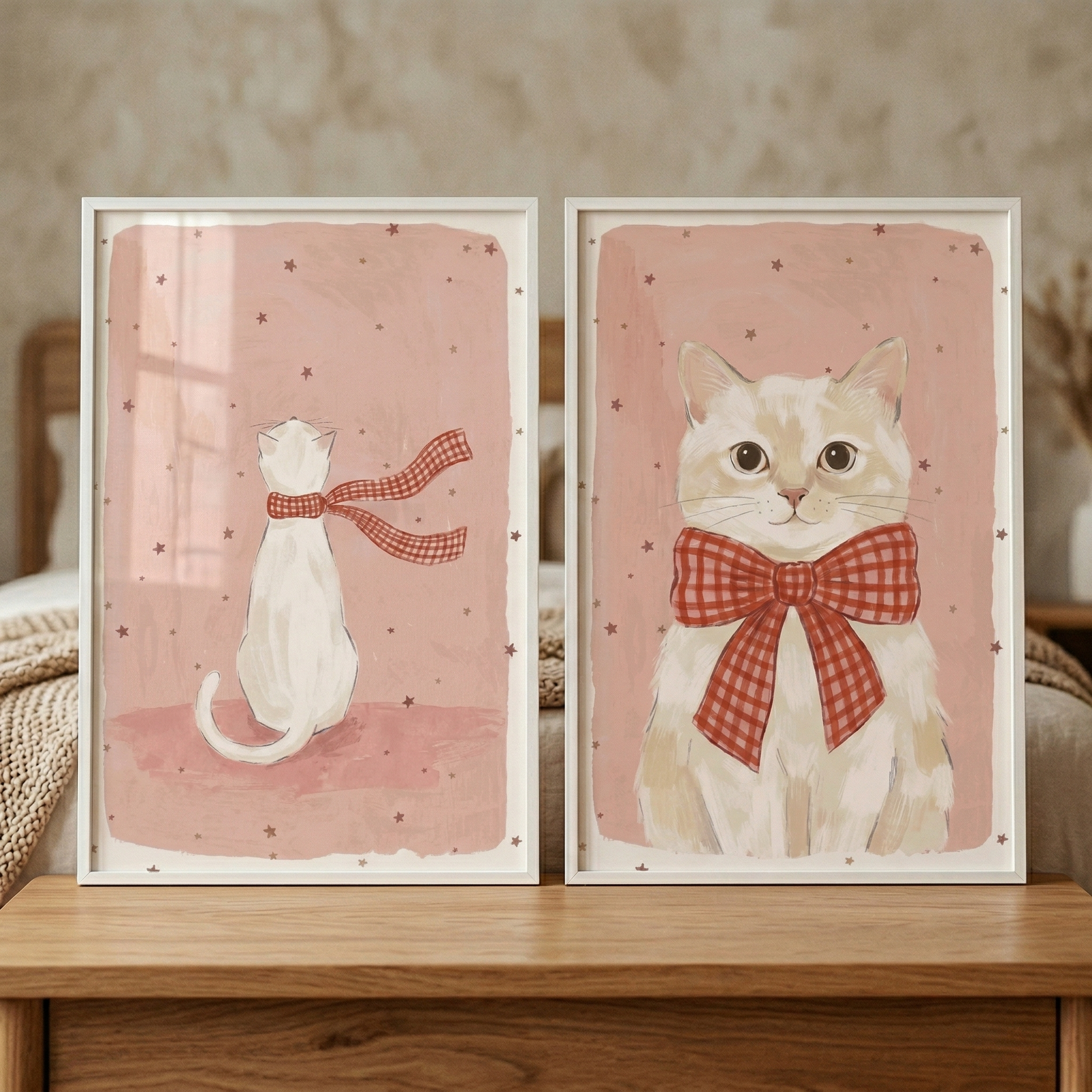 Two framed feline illustrations are displayed side-by-side on a wooden surface. The left piece shows the back of a white cat wearing a red-and-white checkered scarf. The right piece features a front-facing portrait of a light-colored tabby cat with a large, matching checkered bow around its neck. 