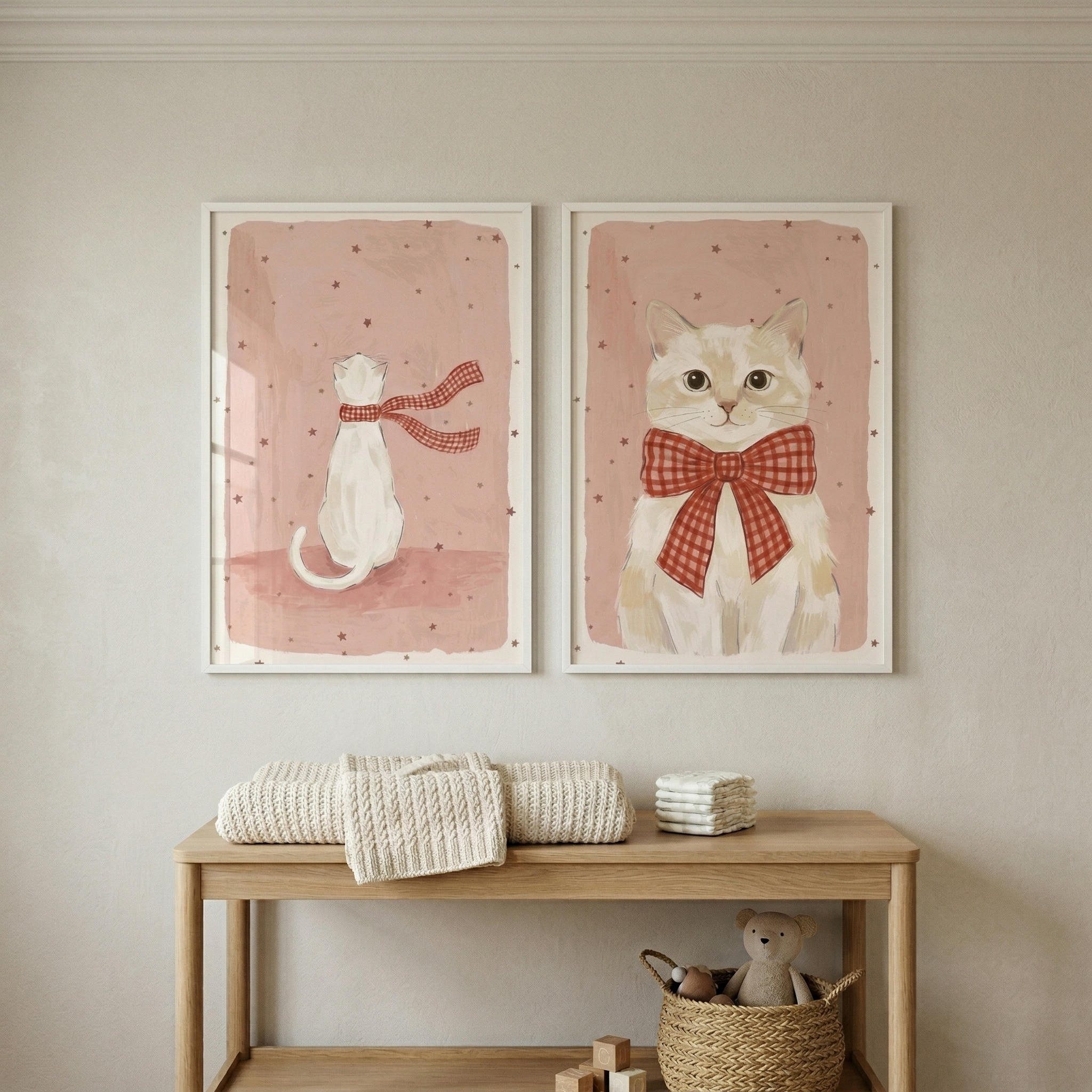 Blush Starry White Cat Wall Art Set of 2 - Red Checkered Cat