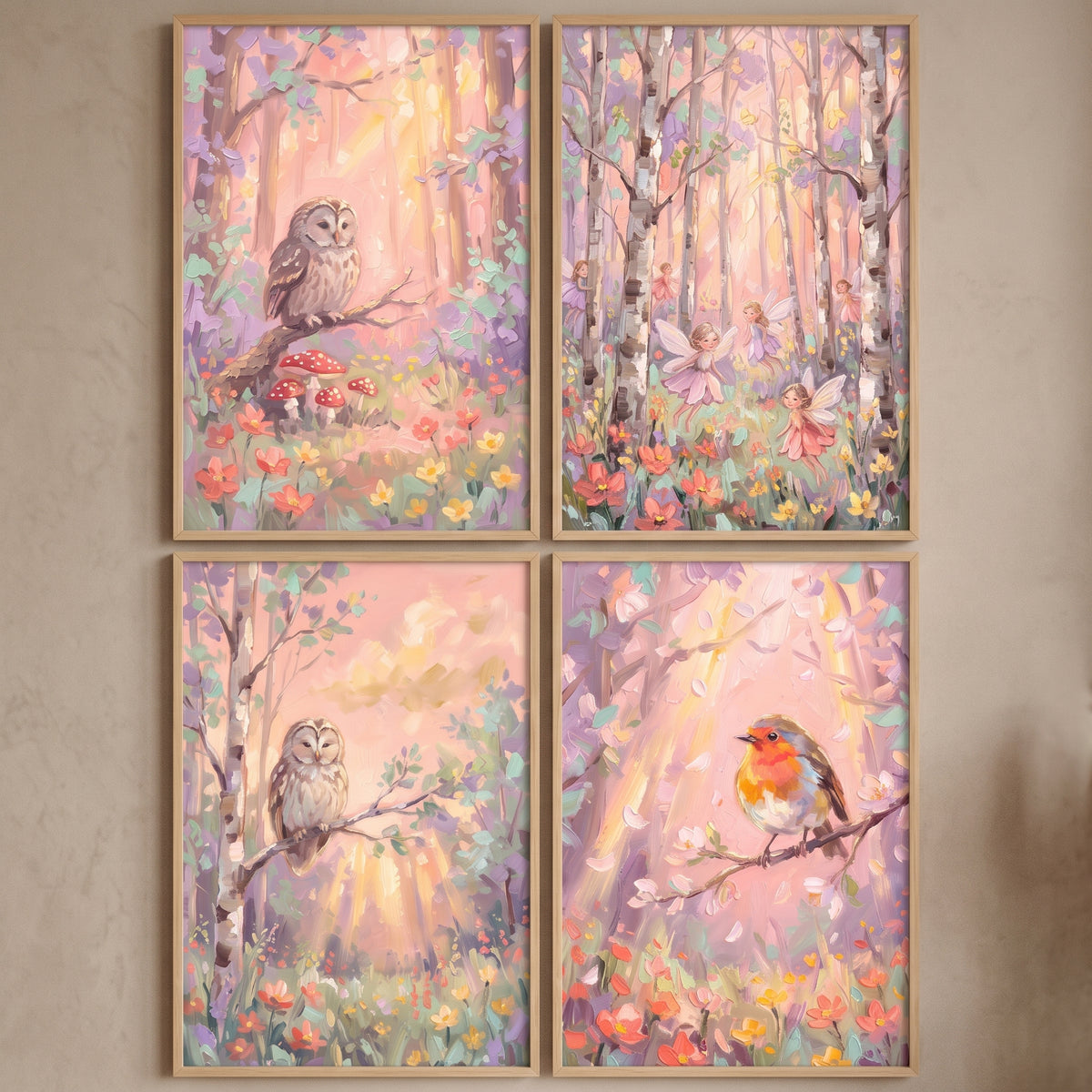 Blush Sunbeam Forest Wall Art Set of 4 - Pastel Meadow Tales