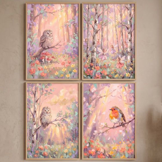 Blush sunbeam forest wall art set of 4 with owls, a robin, and fairies in soft pastel woods with flowers and sunbeams.