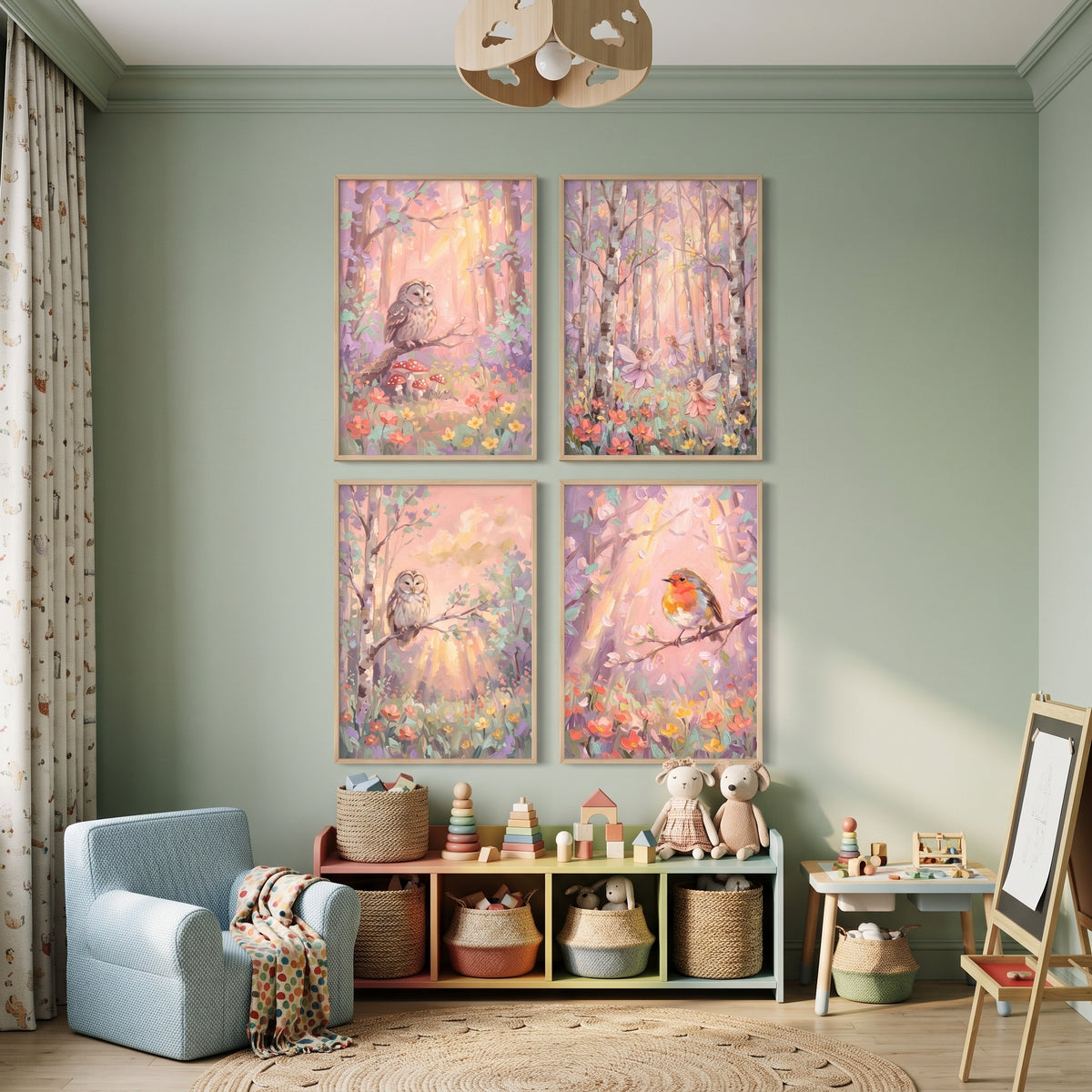 Blush Sunbeam Forest Wall Art Set of 4 - Pastel Meadow Tales