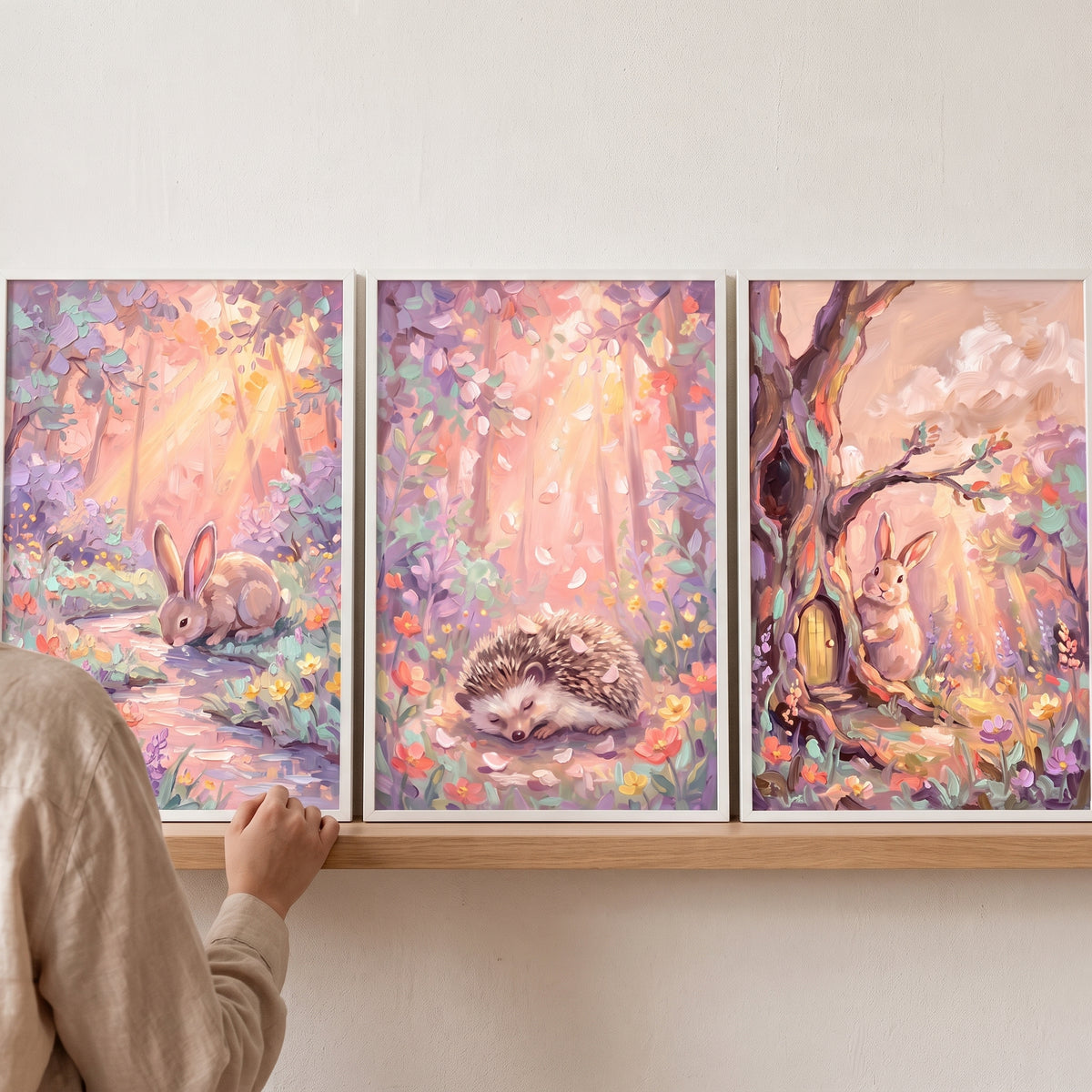Hand adjusts a blush sunlit woodland animals wall art set of 3 featuring rabbits and a hedgehog in a pastel forest.