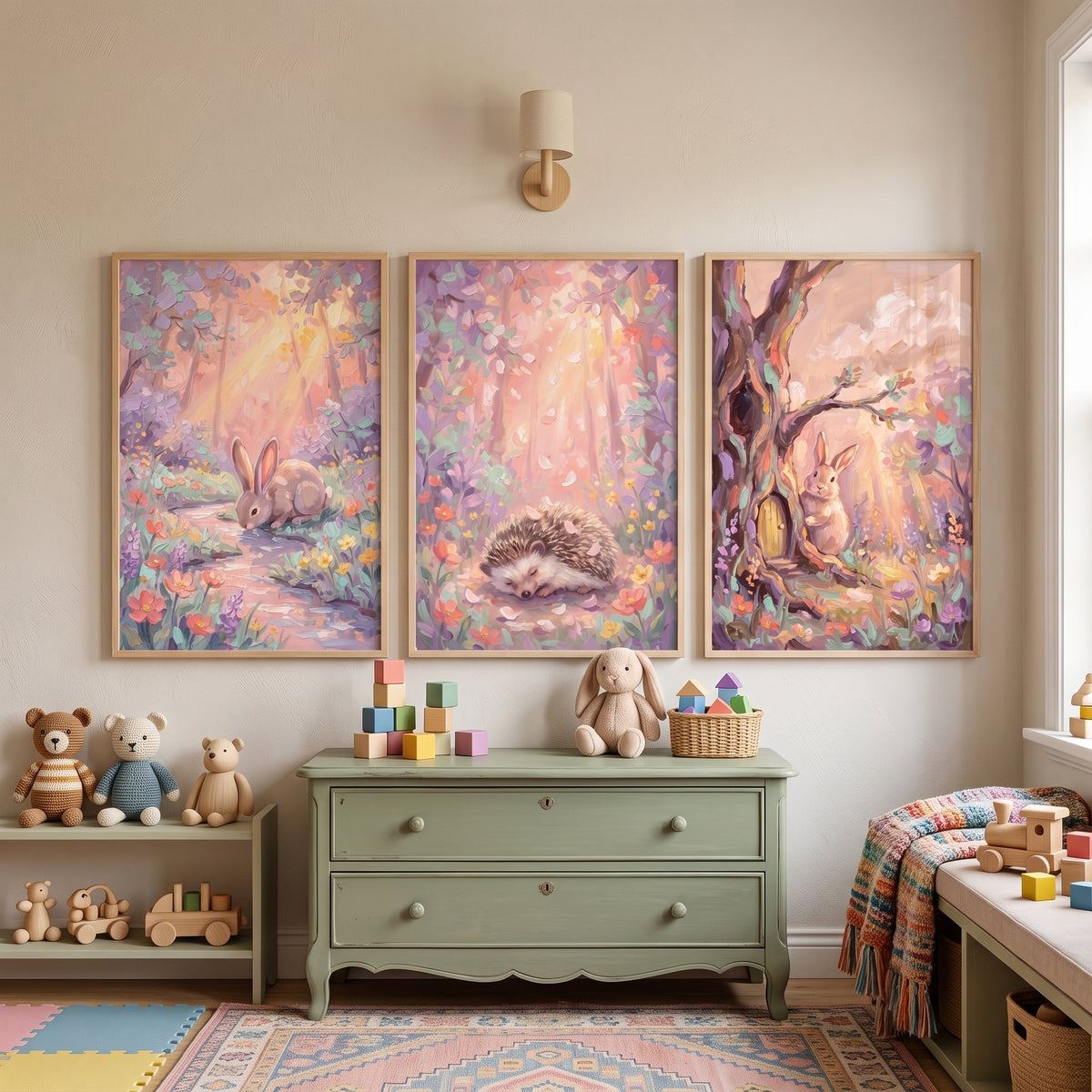 Blush Sunlit Woodland Animals Wall Art Set of 3 - Whimsical Woodland Friends