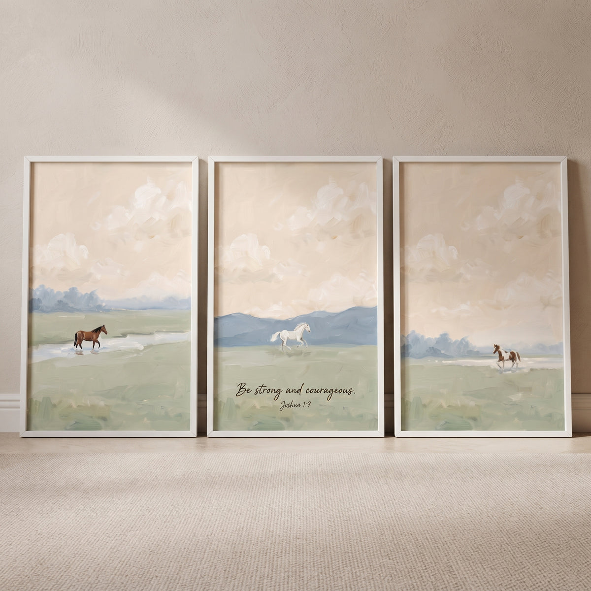 Blush sunset landscape horse wall art set of 3 with brown, white, and pinto horses and a Joshua 1:9 Bible verse.