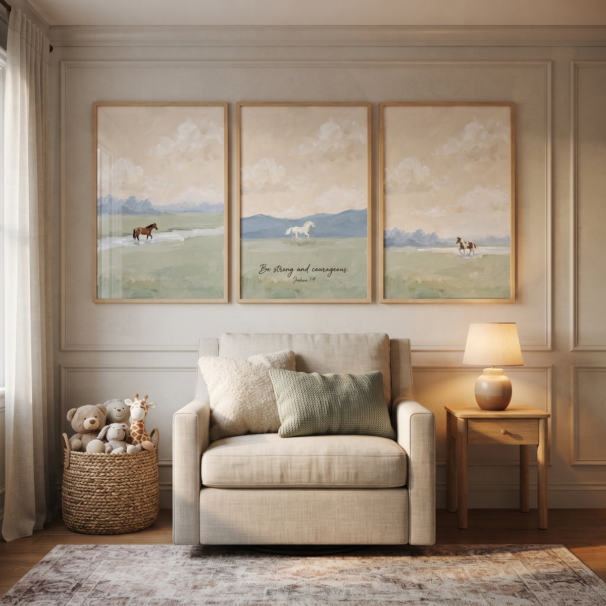 Blush Sunset Landscape Horse Wall Art Set of 3 - Faithful Horse Horizon