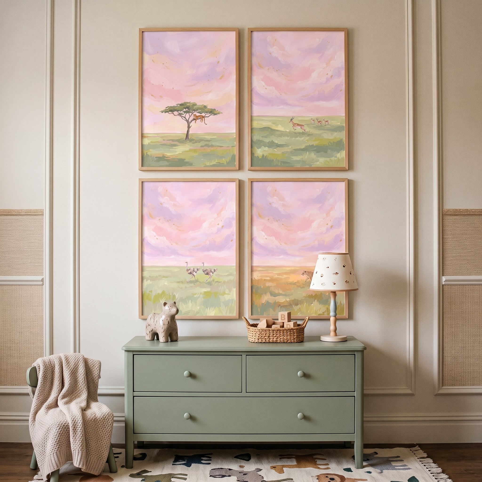 Blush Sunset Safari Animals Wall Art Set of 4 - Serene Savanna Skies