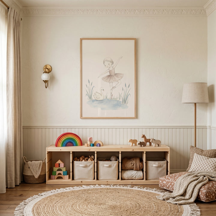 Neutral playroom with blush tutu ballerina wall art above a wooden shelf with toys and a round fringed jute rug.