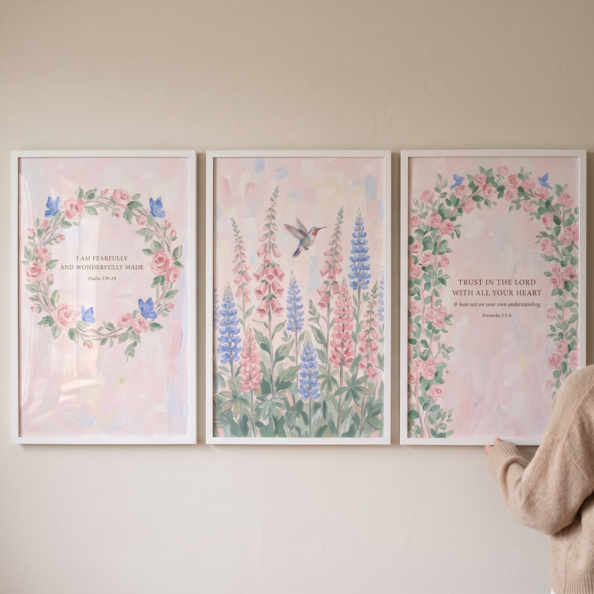 Blush Watercolor Botanical Garden Wall Art Set of 3 - Sacred Garden Verses