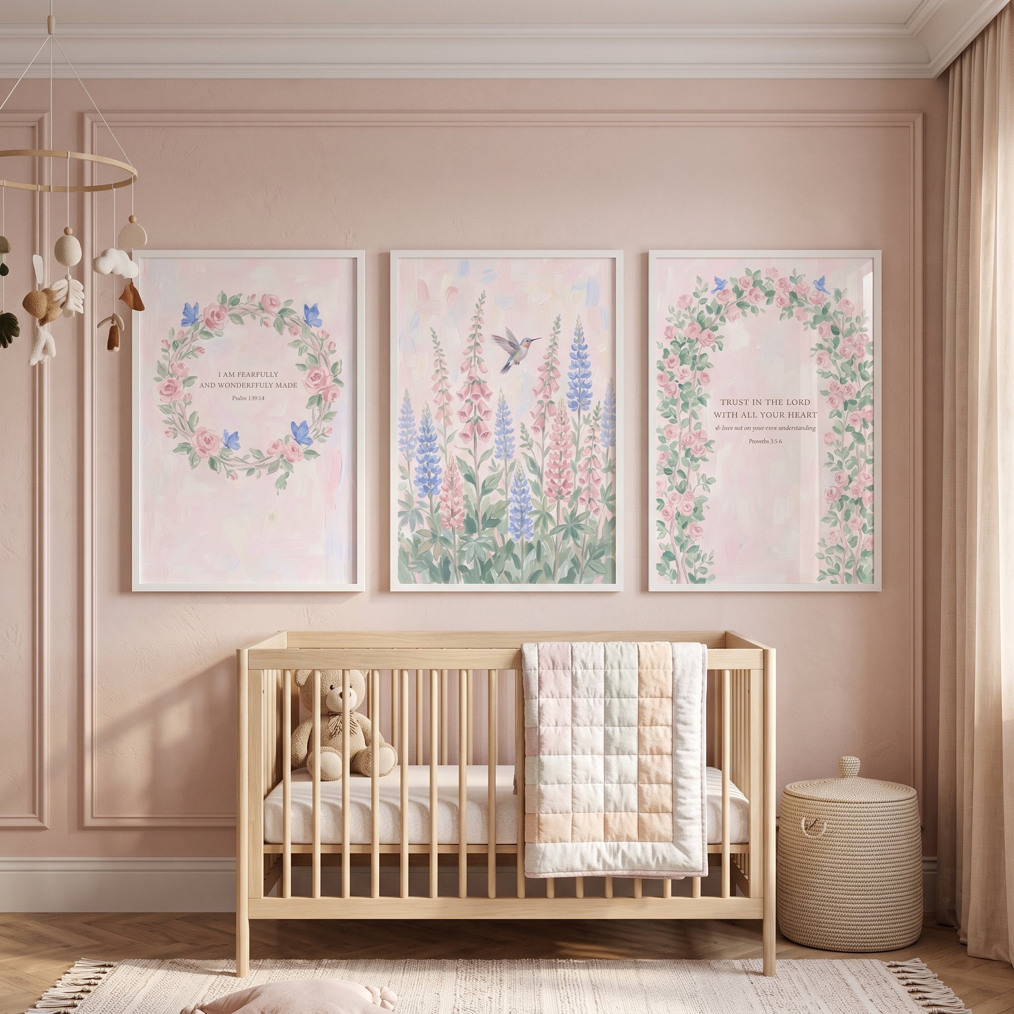 Blush Watercolor Botanical Garden Wall Art Set of 3 - Sacred Garden Verses
