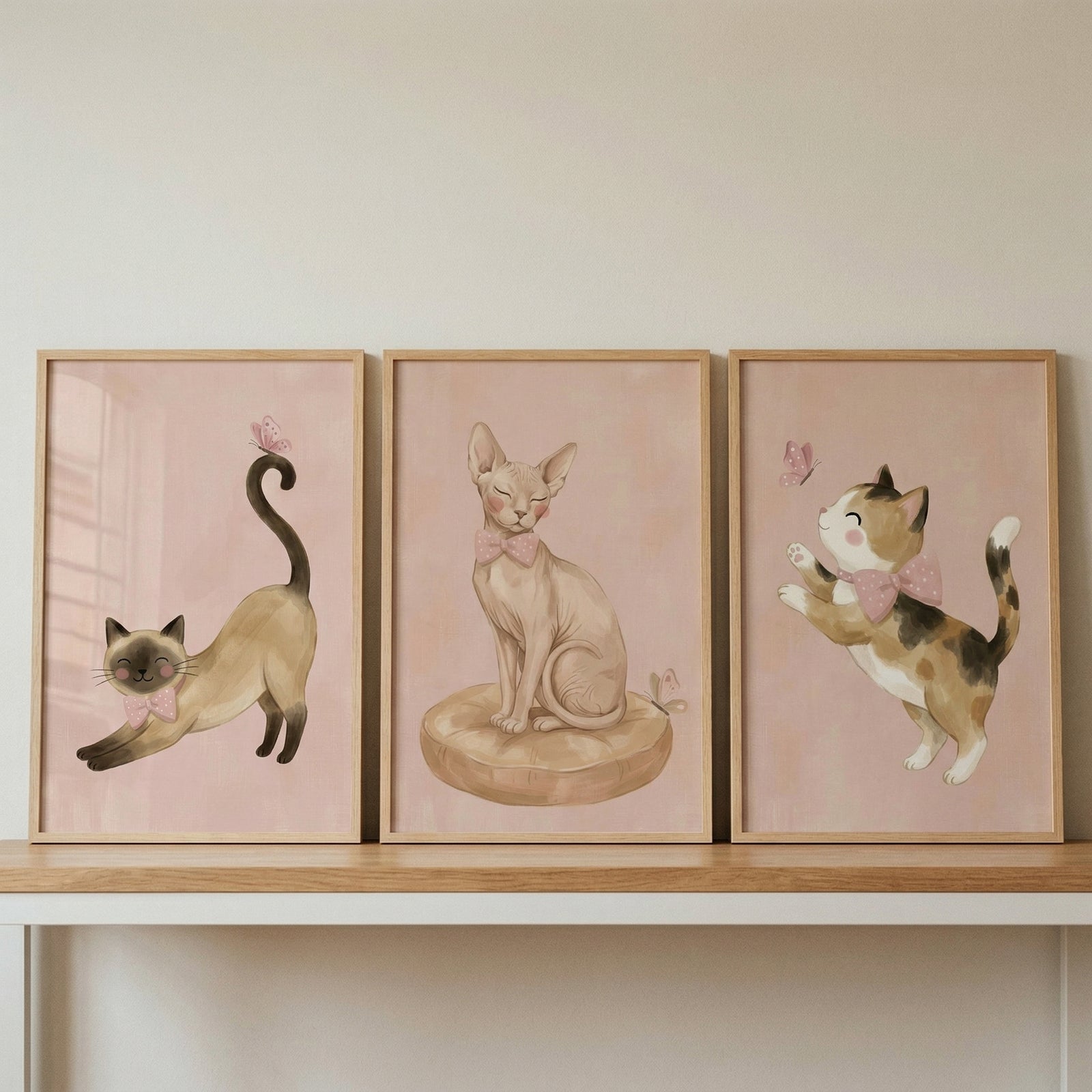 Three framed illustrations of cats are displayed side-by-side on a light wood shelf against a neutral wall. Each piece of art features a different cat set against a soft, muted pink background in a whimsical style. On the left, a slender tan cat with dark points stretches its body, its tail curling upward with a small pink butterfly perched on the tip.