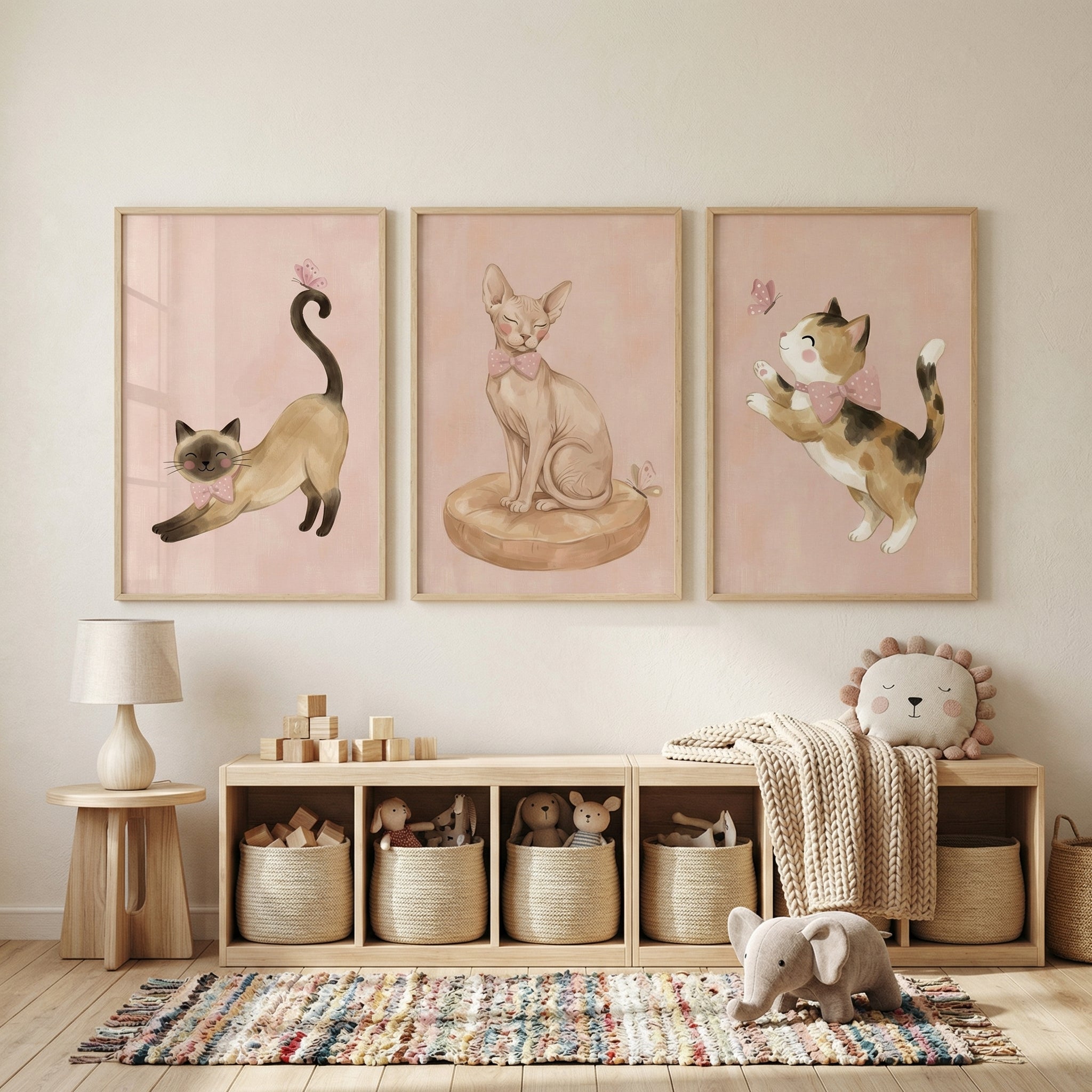 Blush Watercolor Butterfly Cat Wall Art Set of 3 - Whimsical Pink Kittens