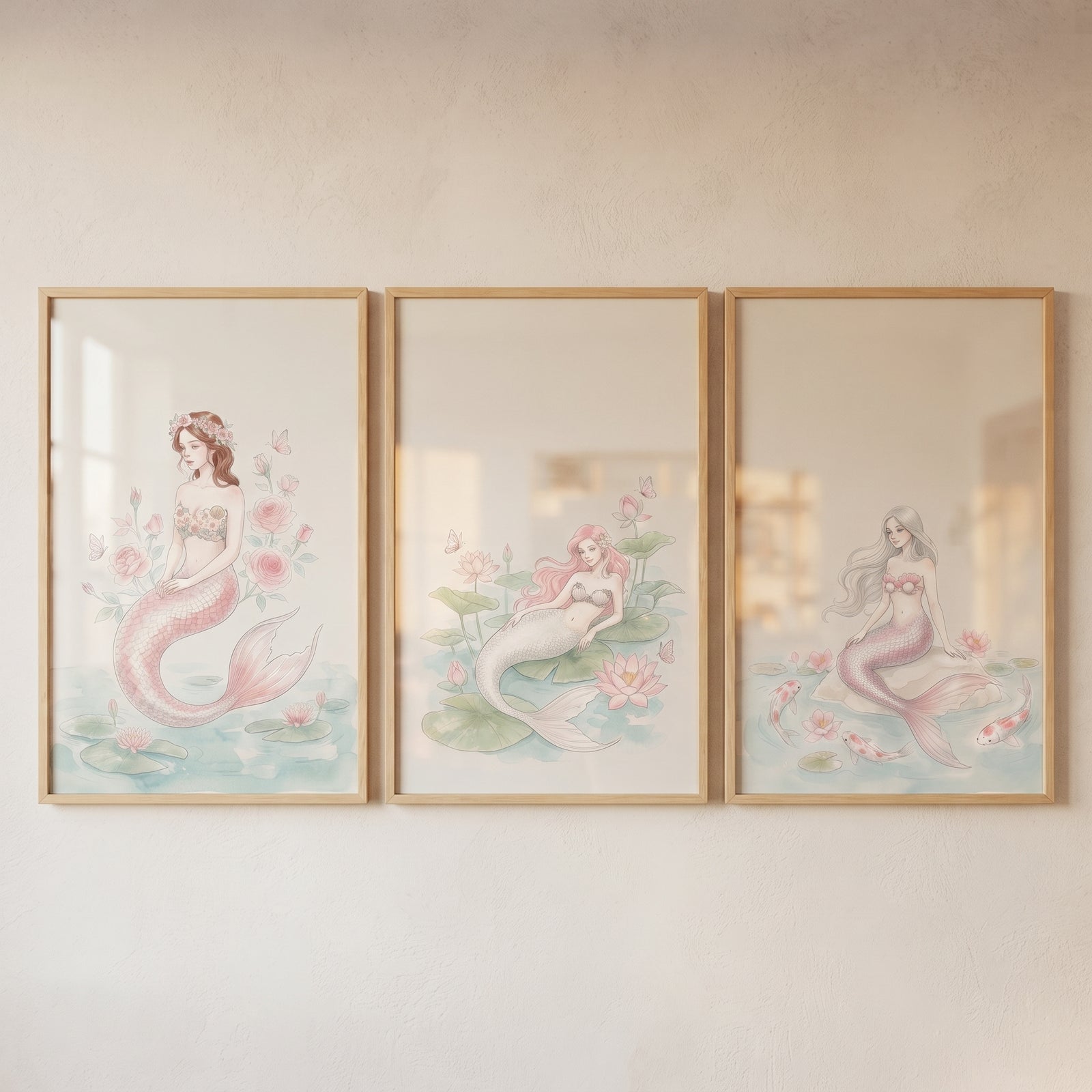 Blush watercolor ethereal mermaid wall art set of 3 shows three framed mermaid illustrations in soft pastel colors.