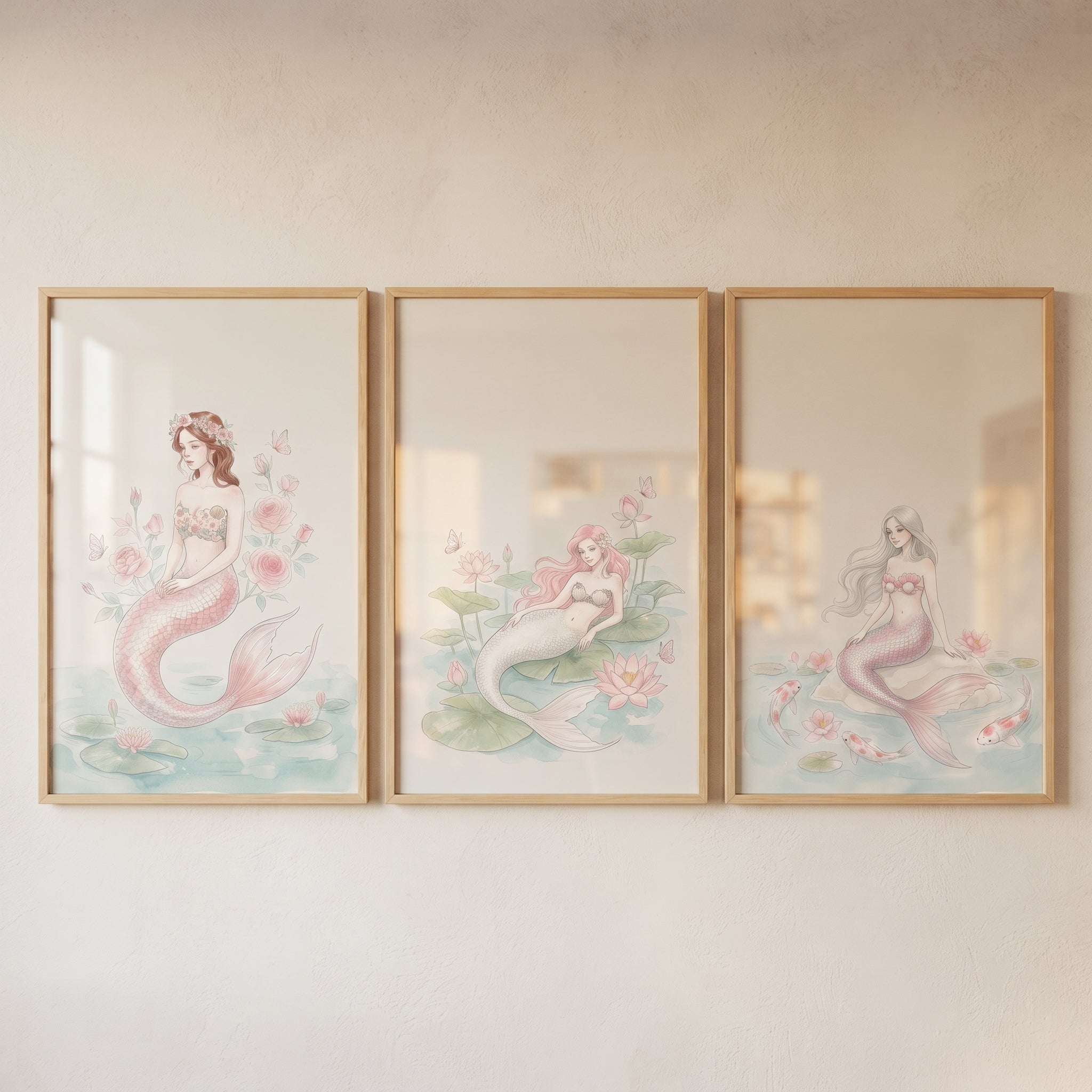 Blush Watercolor Ethereal Mermaid Wall Art Set of 3 - Serene Mermaid Trio