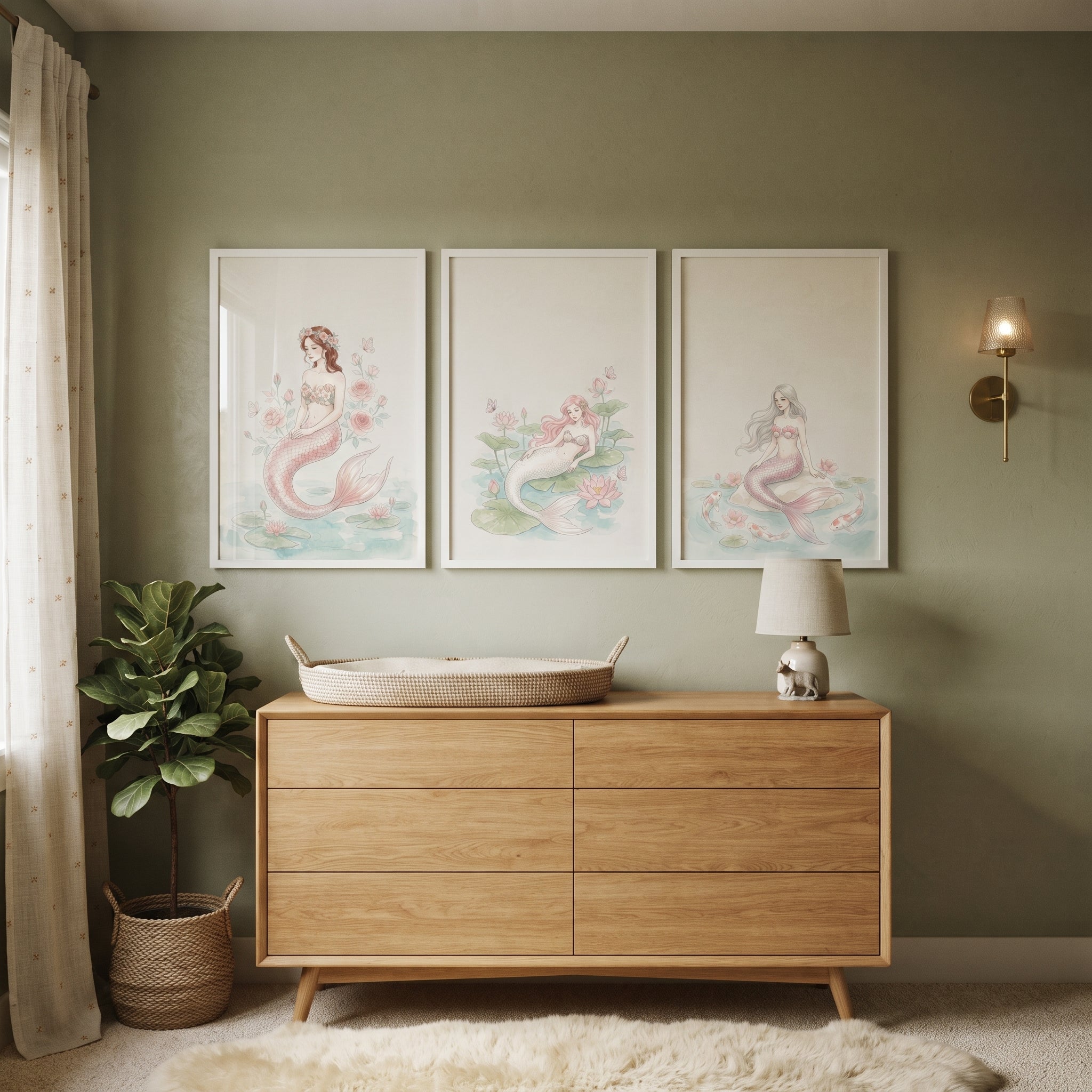 Blush Watercolor Ethereal Mermaid Wall Art Set of 3 - Serene Mermaid Trio