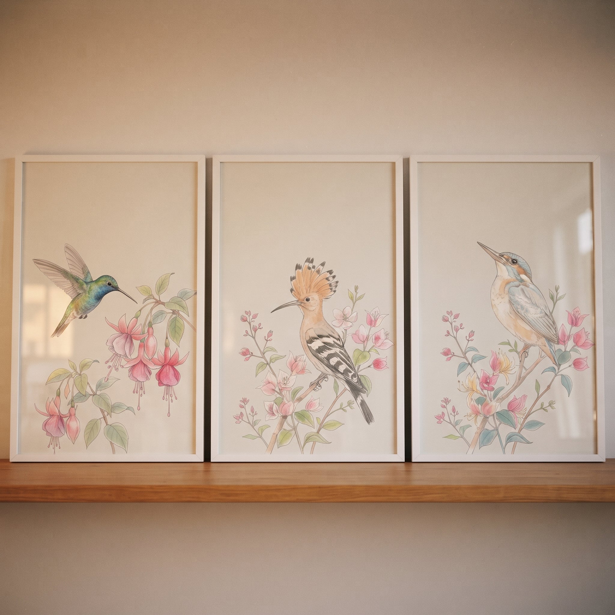 Blush Watercolor Floral Birds Wall Art Set of 3 - Delicate Floral Wings